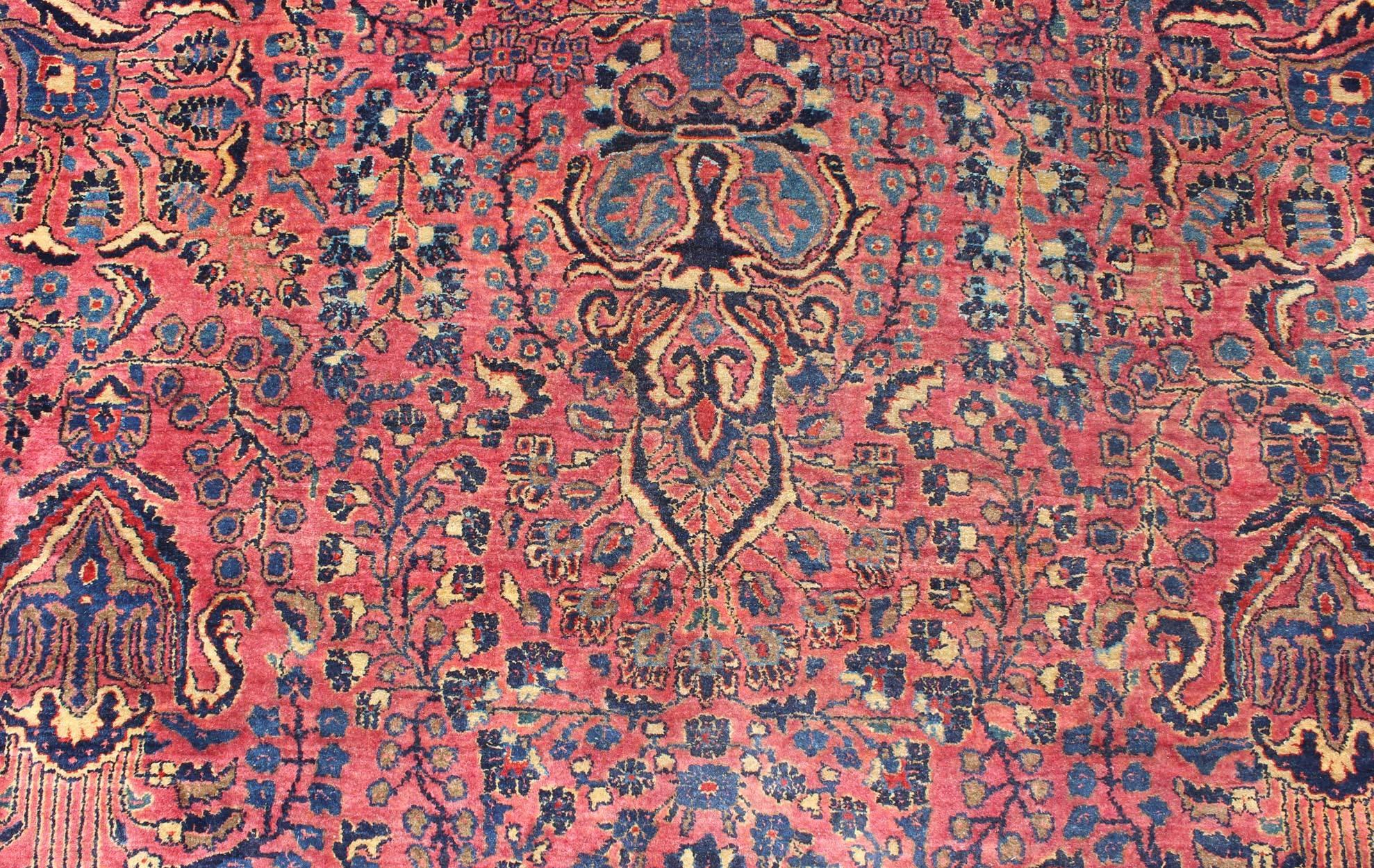 Antique Persian Sarouk Carpet with Deep Cranberry Field and Floral Elements 1
