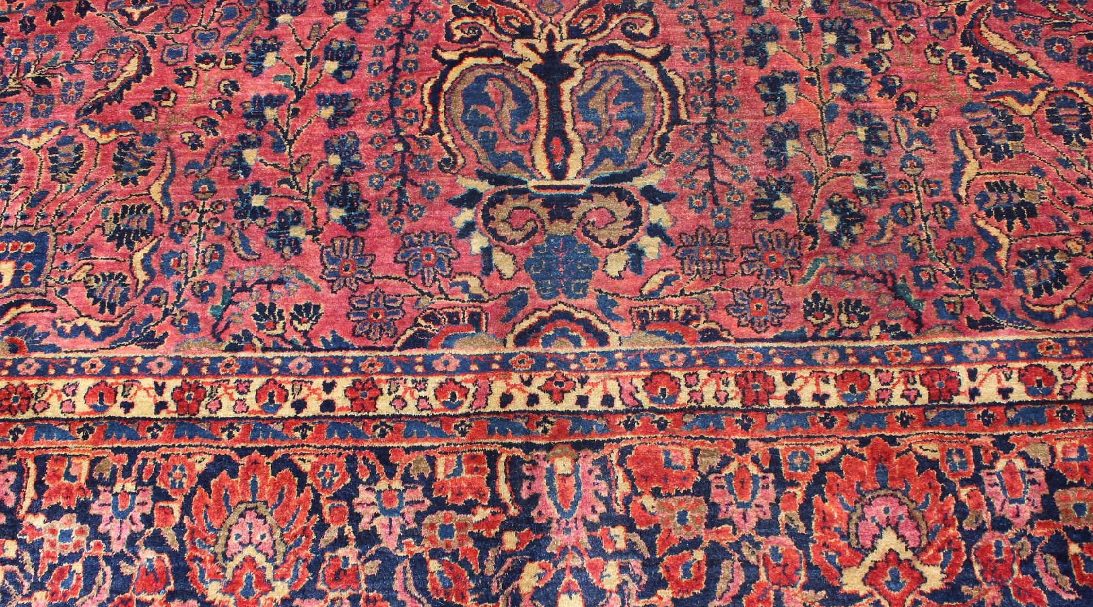 Antique Persian Sarouk Carpet with Deep Cranberry Field and Floral Elements 2