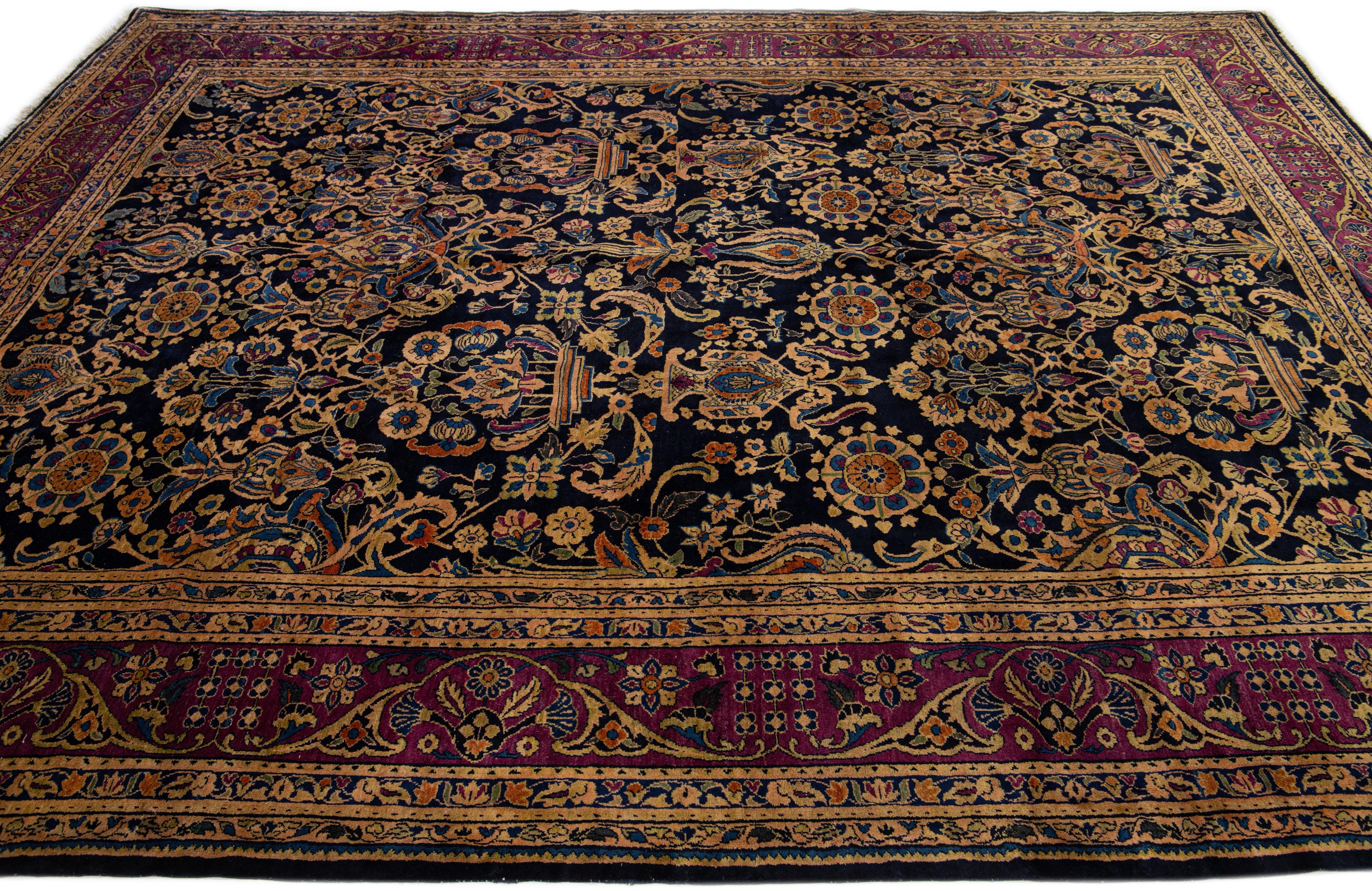 Antique Persian Sarouk Farahan Dark Blue Wool Rug Handmade with Floral Design In Good Condition For Sale In Norwalk, CT