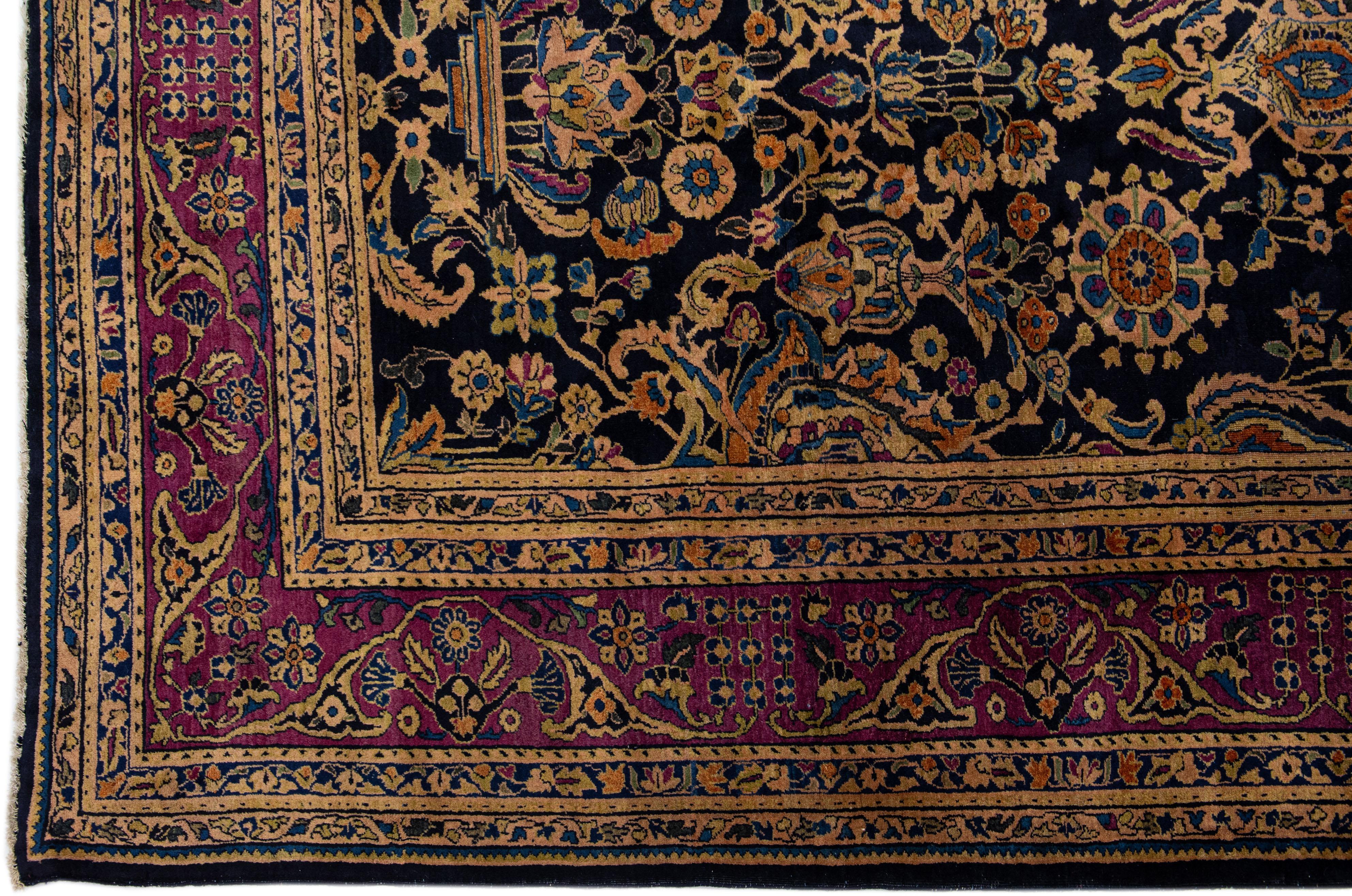 20th Century Antique Persian Sarouk Farahan Dark Blue Wool Rug Handmade with Floral Design For Sale