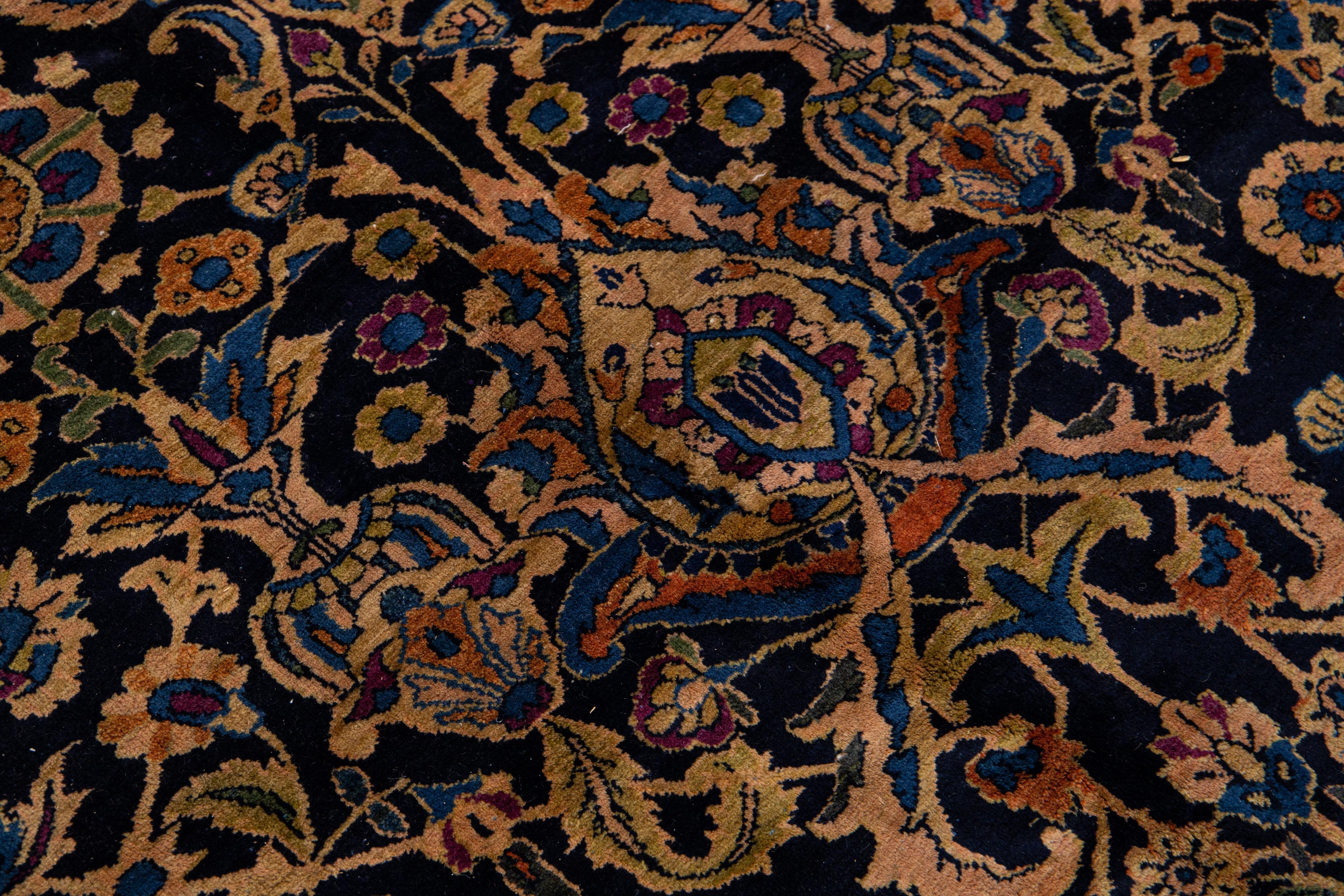 Antique Persian Sarouk Farahan Dark Blue Wool Rug Handmade with Floral Design For Sale 1
