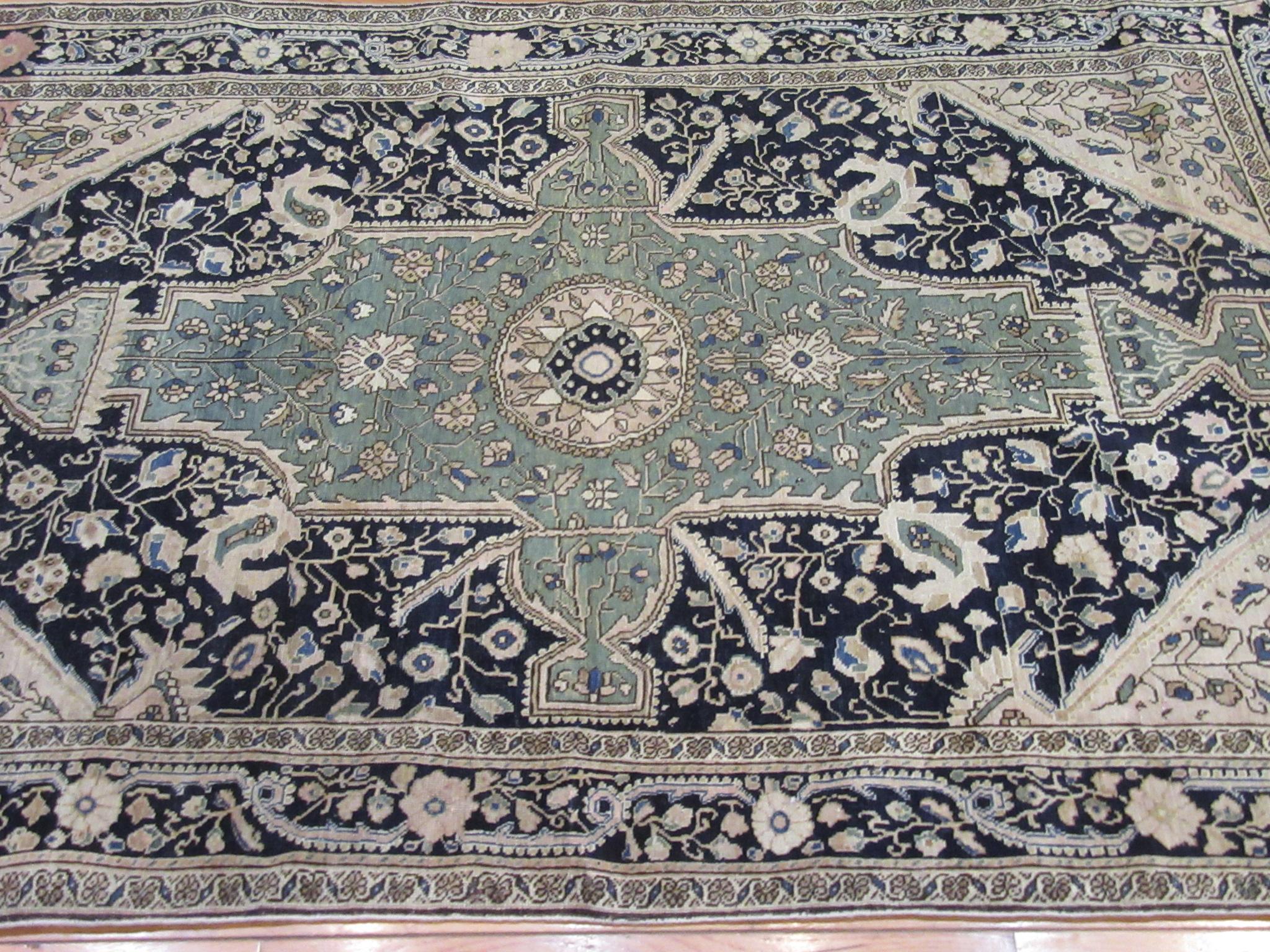 Antique Hand Knotted Navy Blue Wool Persian Sarouk Farahan Rug 5