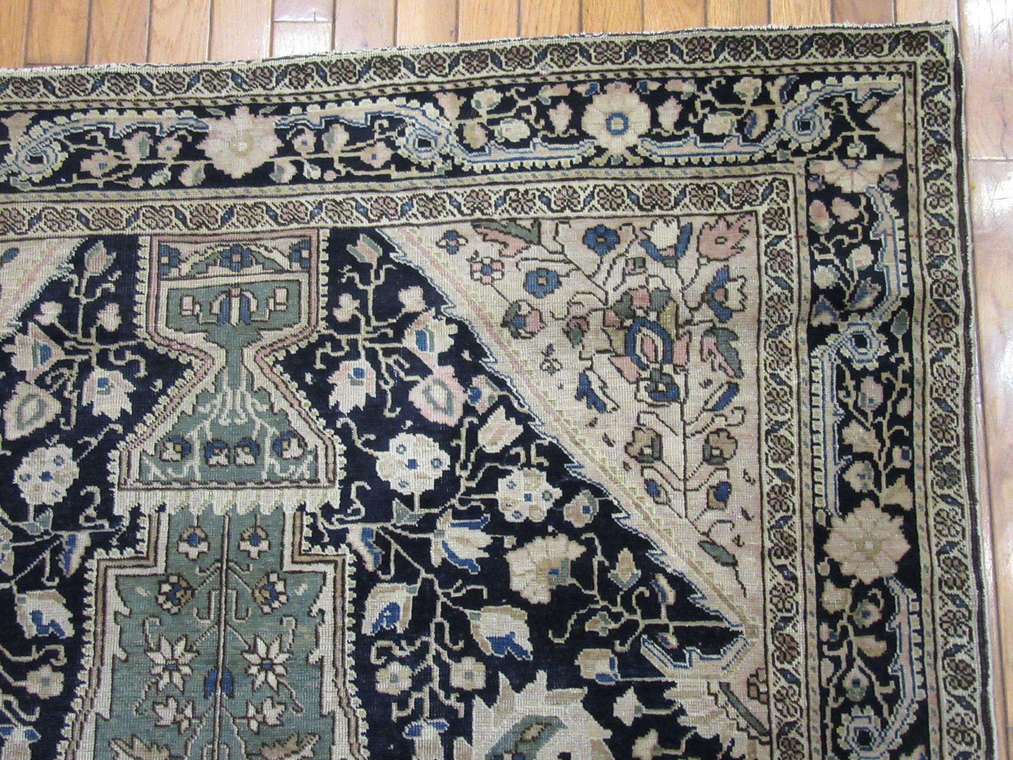 Antique Hand Knotted Navy Blue Wool Persian Sarouk Farahan Rug 4