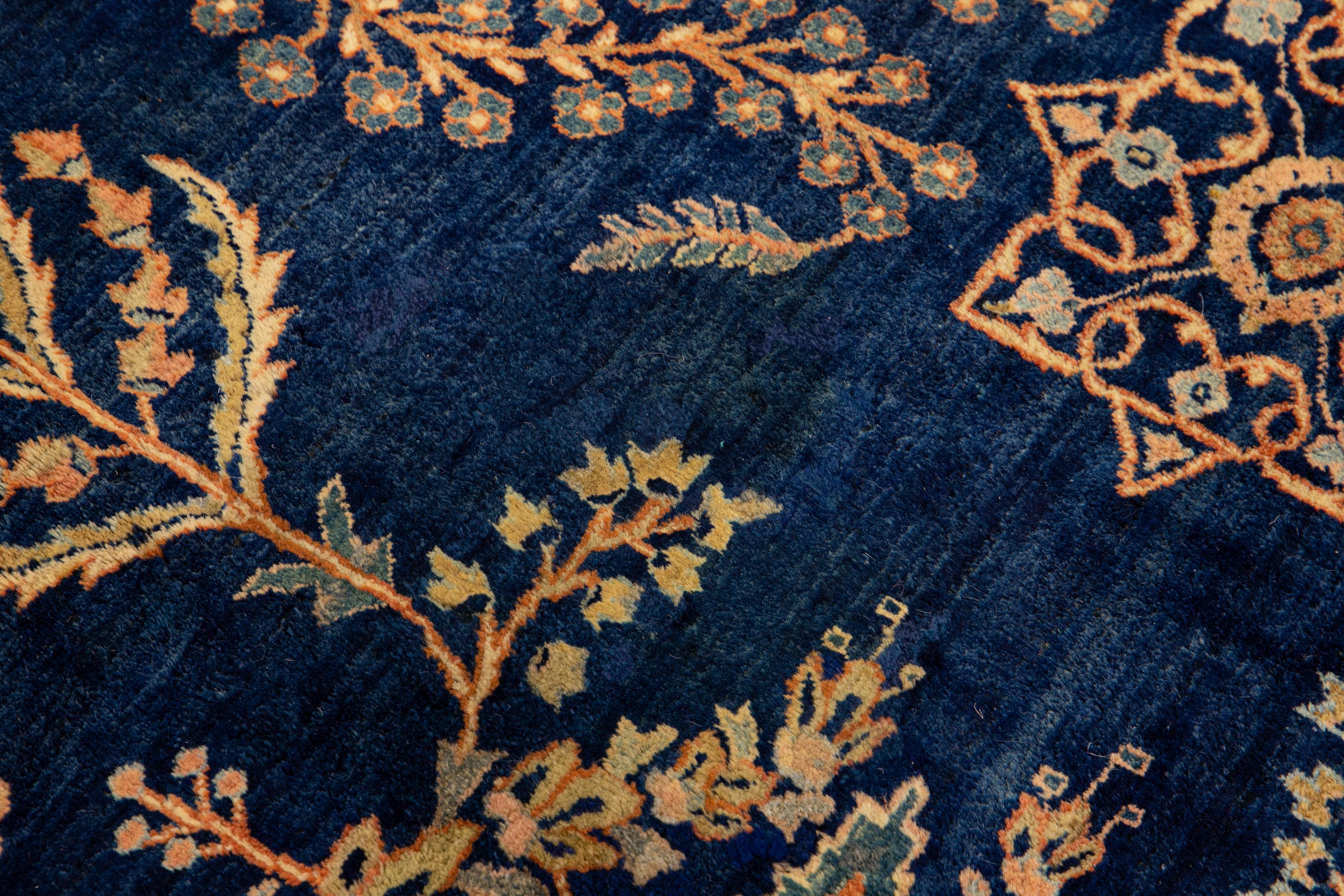 Antique Persian Sarouk Farahan Handmade Allover Designed Navy Blue Wool Rug For Sale 5