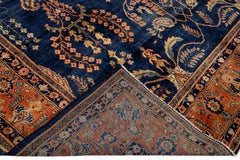 Ancien tapis persan Sarouk Farahan en laine bleu marine conçu à la main, entièrement réalisé à la main