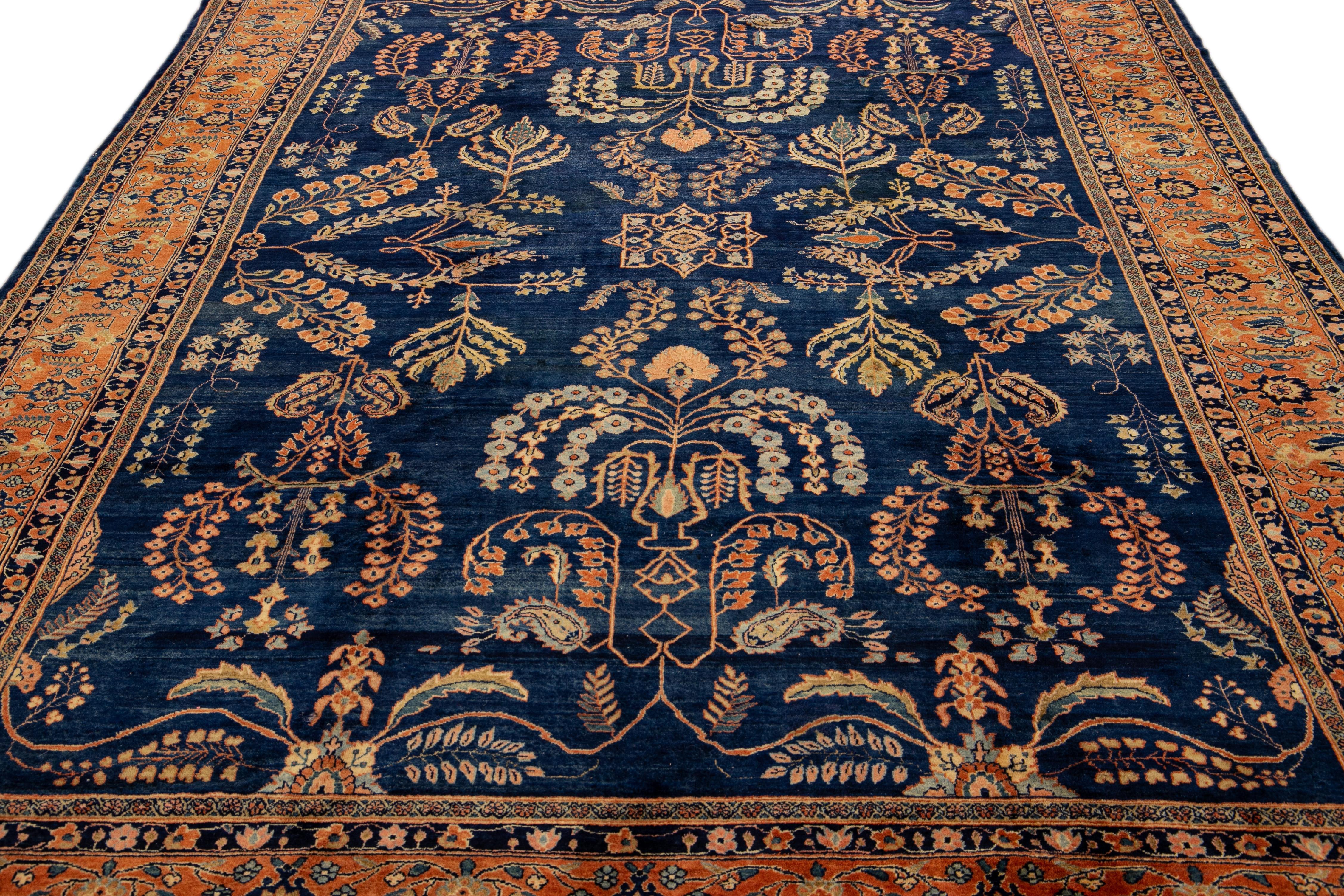 Hand-Knotted Antique Persian Sarouk Farahan Handmade Allover Designed Navy Blue Wool Rug For Sale