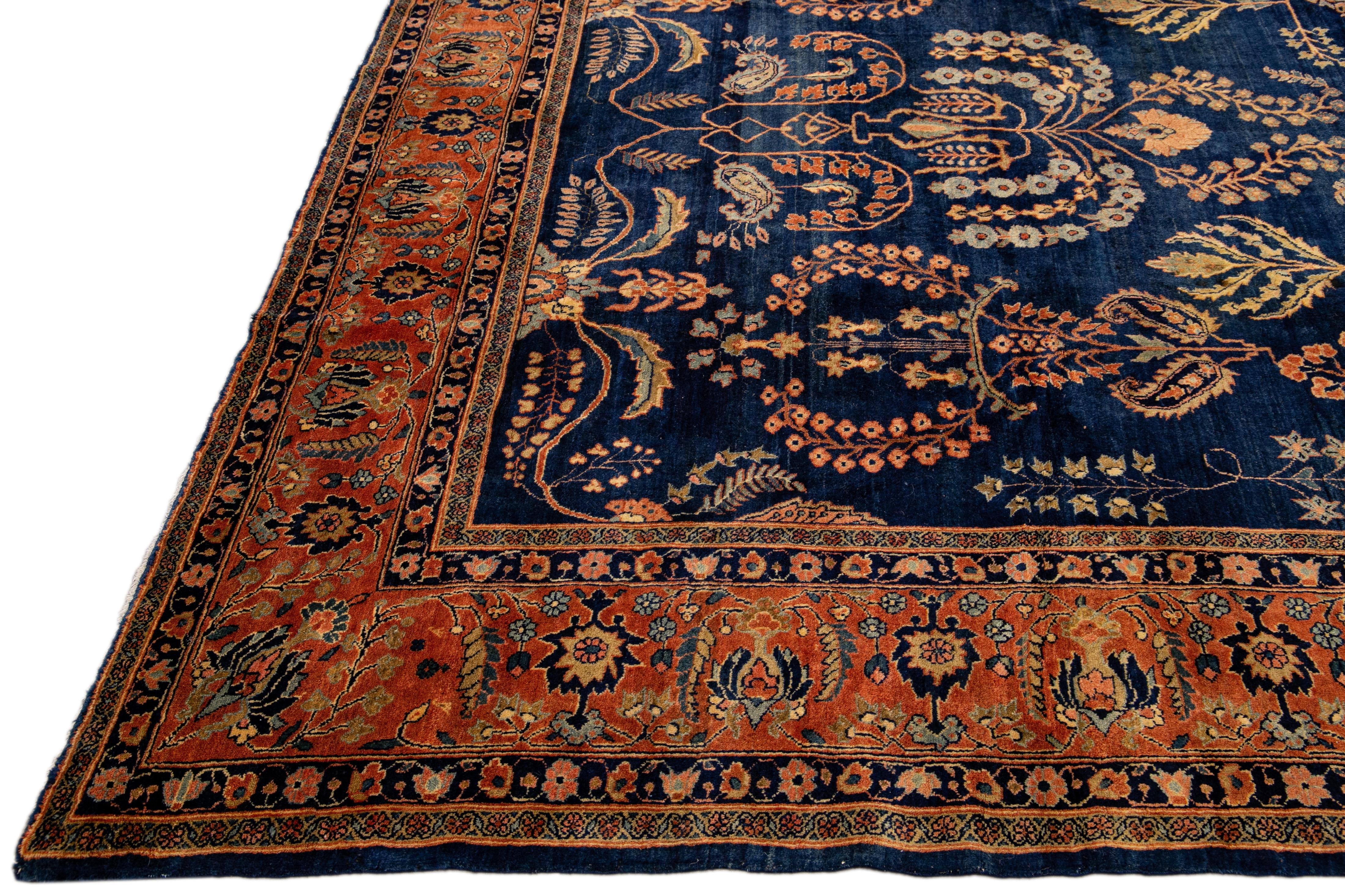 Antique Persian Sarouk Farahan Handmade Allover Designed Navy Blue Wool Rug In Excellent Condition For Sale In Norwalk, CT