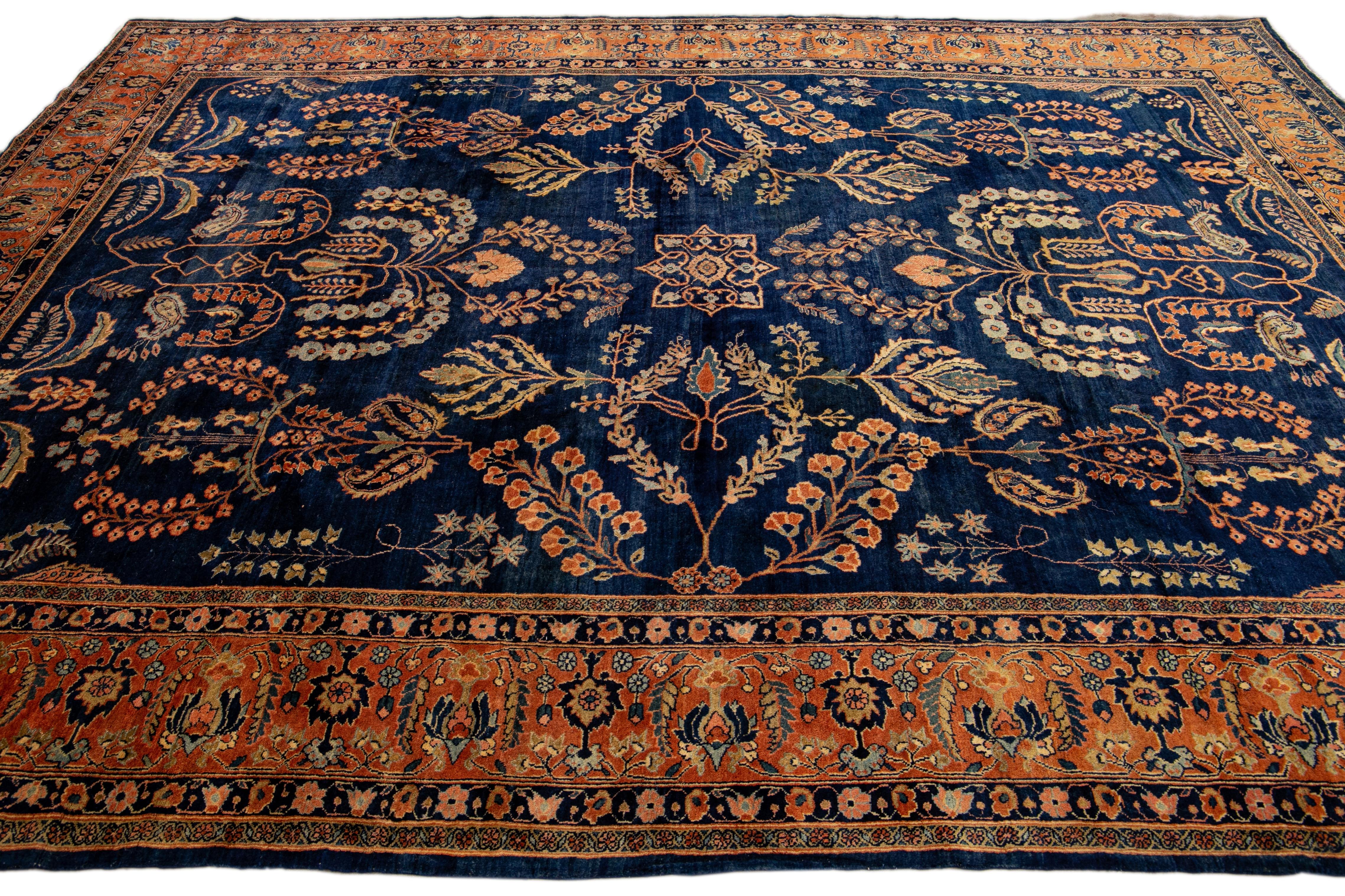 20th Century Antique Persian Sarouk Farahan Handmade Allover Designed Navy Blue Wool Rug For Sale