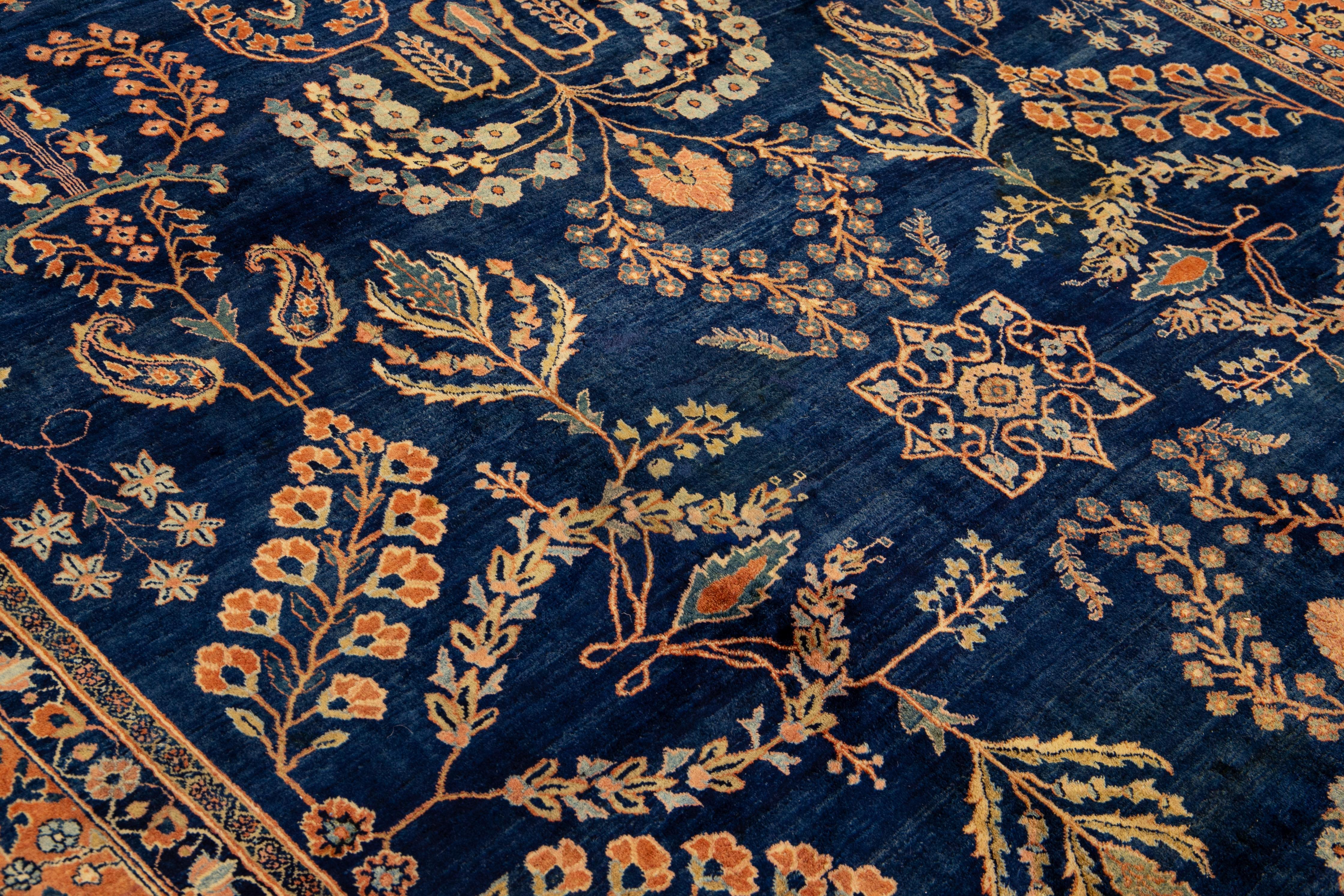 Antique Persian Sarouk Farahan Handmade Allover Designed Navy Blue Wool Rug For Sale 1