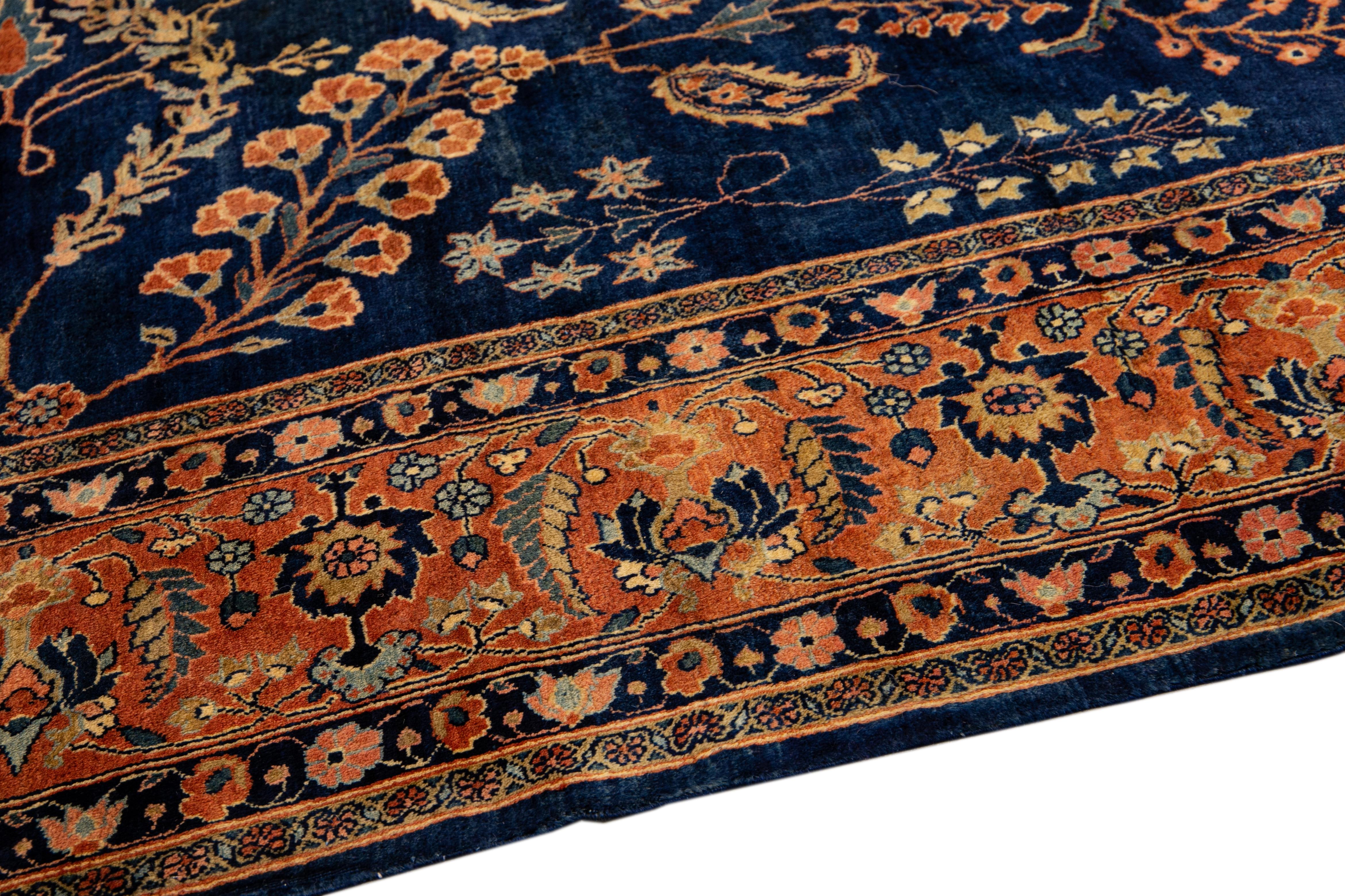 Antique Persian Sarouk Farahan Handmade Allover Designed Navy Blue Wool Rug For Sale 2
