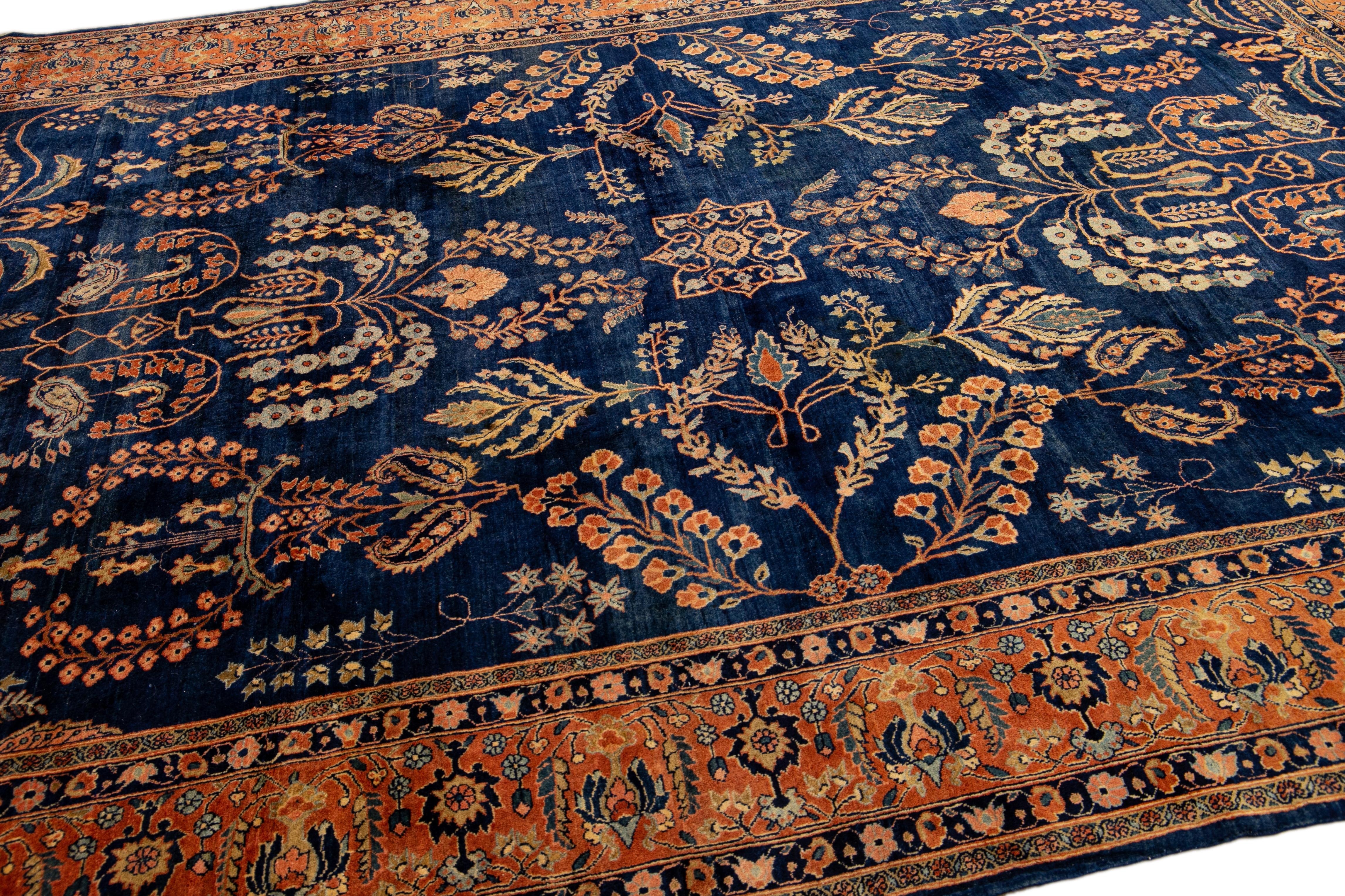 Antique Persian Sarouk Farahan Handmade Allover Designed Navy Blue Wool Rug For Sale 4