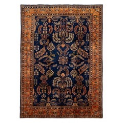 Antiker antiker persischer Sarouk Farahan handgefertigter Allover-Teppich aus marineblauer Wolle