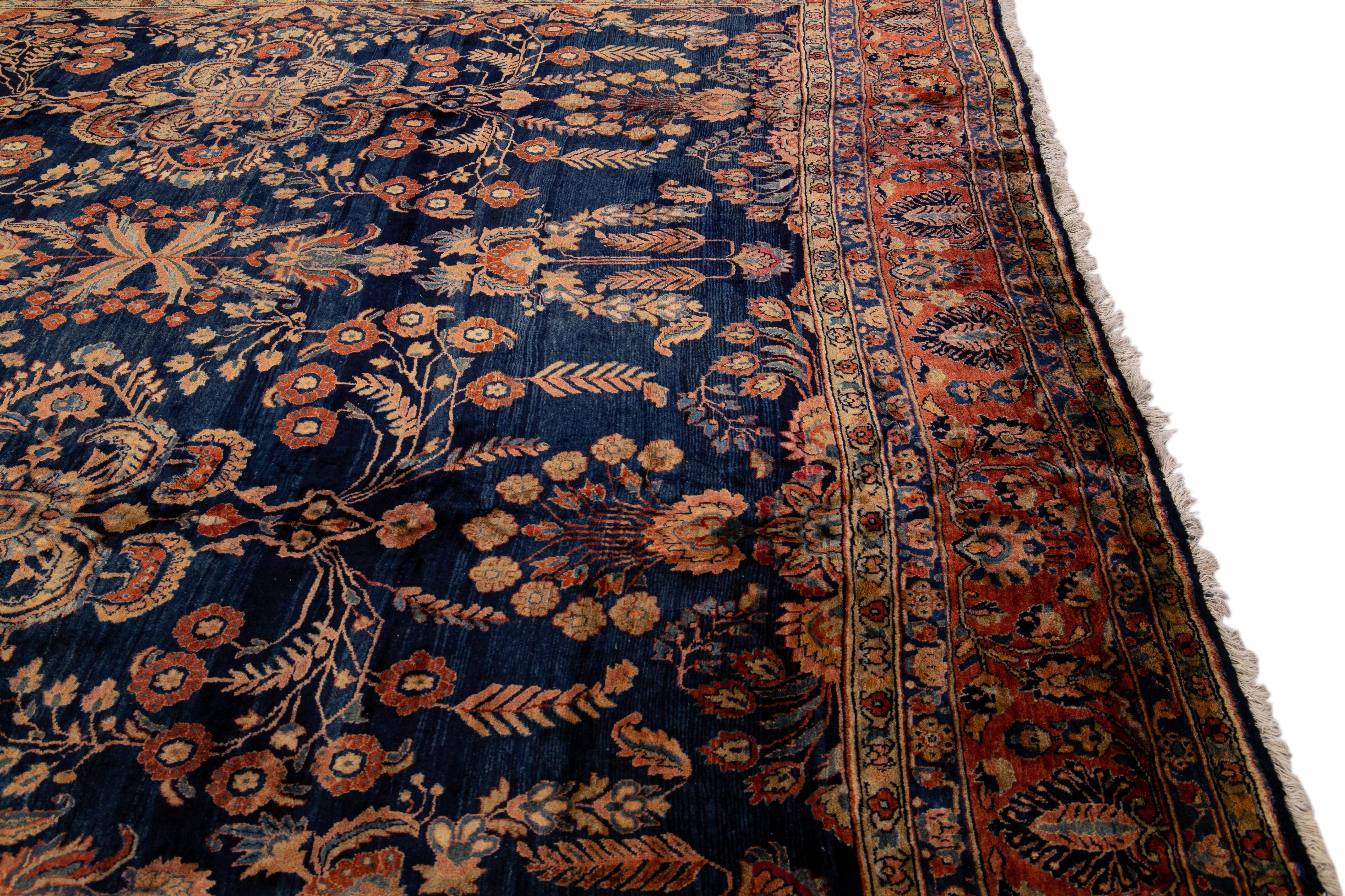 Antique Persian Sarouk Farahan Handmade Floral Motif Oversize Navy Blue Wool Rug For Sale 5