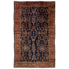 Tappeto antico persiano Sarouk Farahan fatto a mano con motivi floreali, oversize in lana blu navy