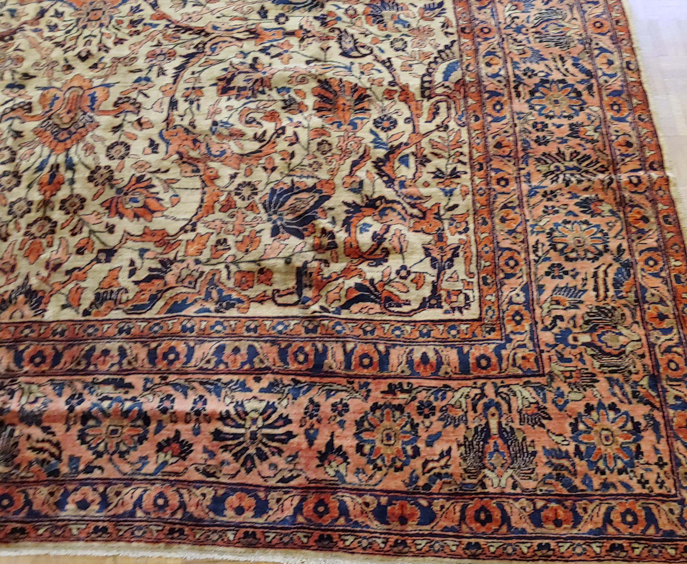 Asian Antique Persian Sarouk, Floral Design, Gold Background, Wool, Room Size, 1915 For Sale