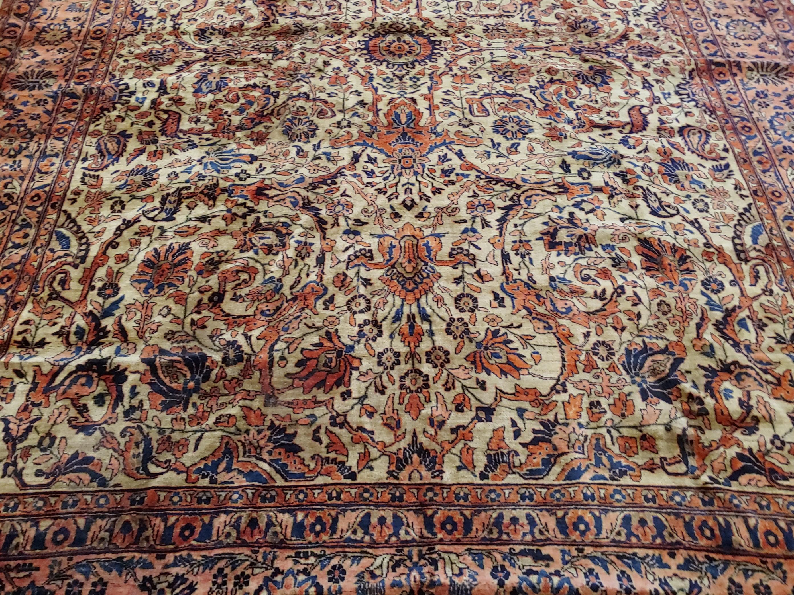 Woven Antique Persian Sarouk, Floral Design, Gold Background, Wool, Room Size, 1915 For Sale
