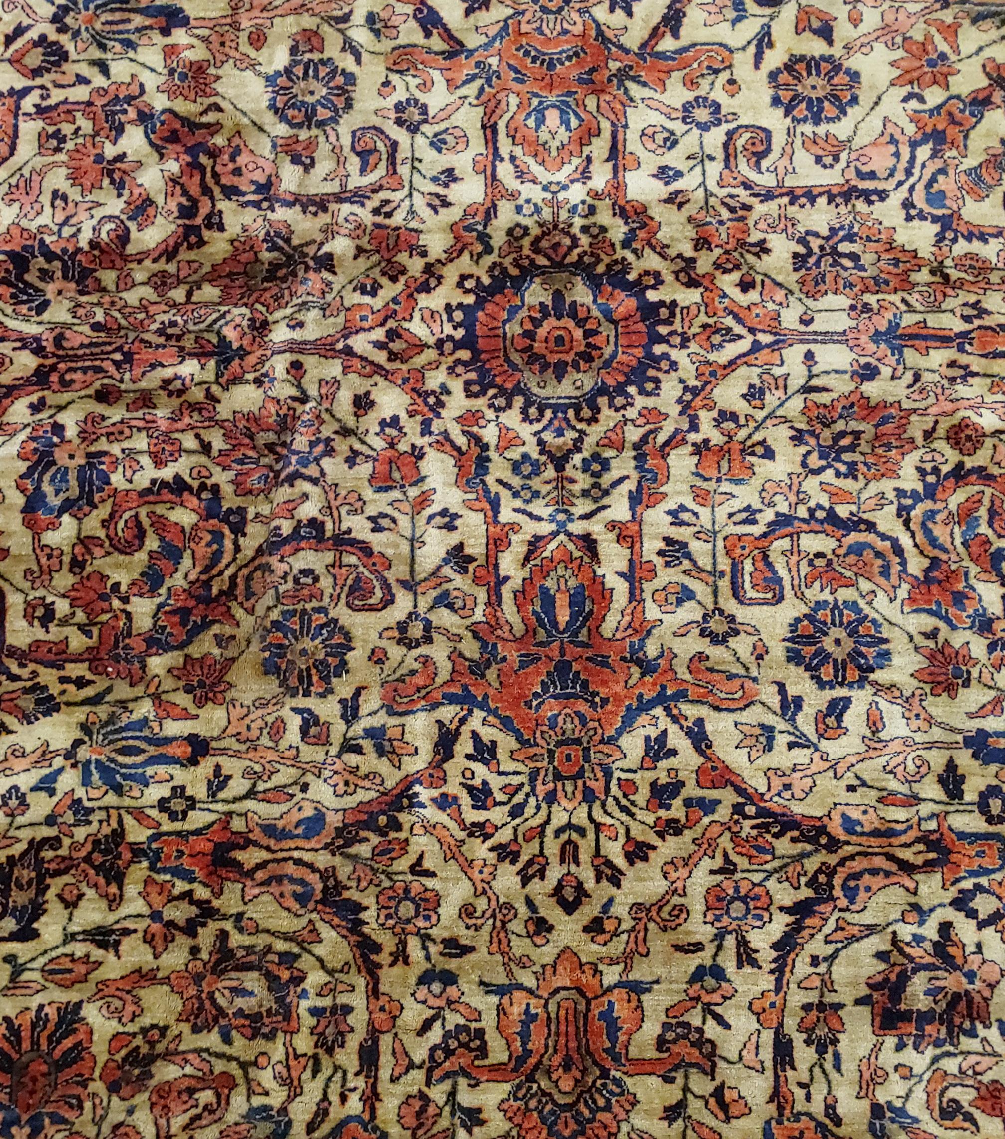 20th Century Antique Persian Sarouk, Floral Design, Gold Background, Wool, Room Size, 1915 For Sale