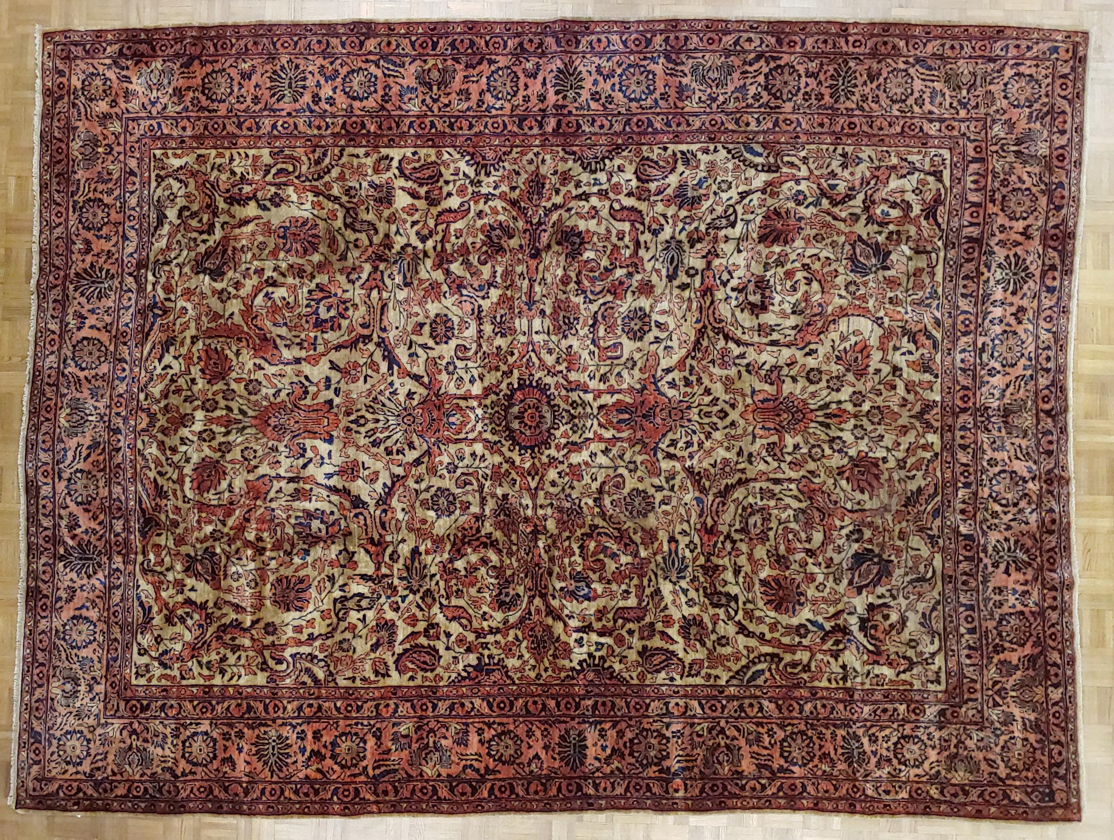 Antique Persian Sarouk, Floral Design, Gold Background, Wool, Room Size, 1915 For Sale 1