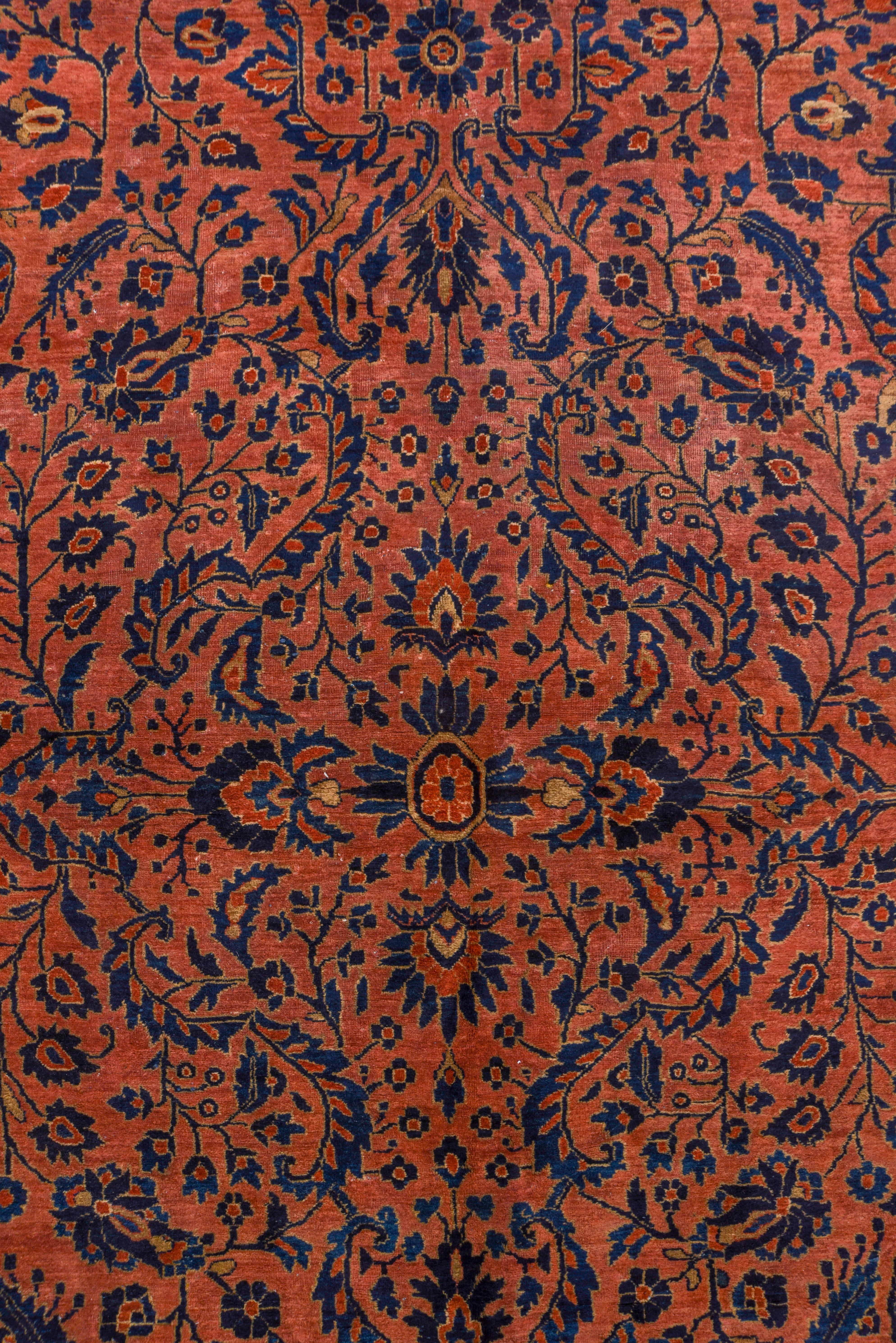 Hand-Knotted Antique Persian Sarouk Gallery Carpet, Orange Allover Field, Mansion Style For Sale