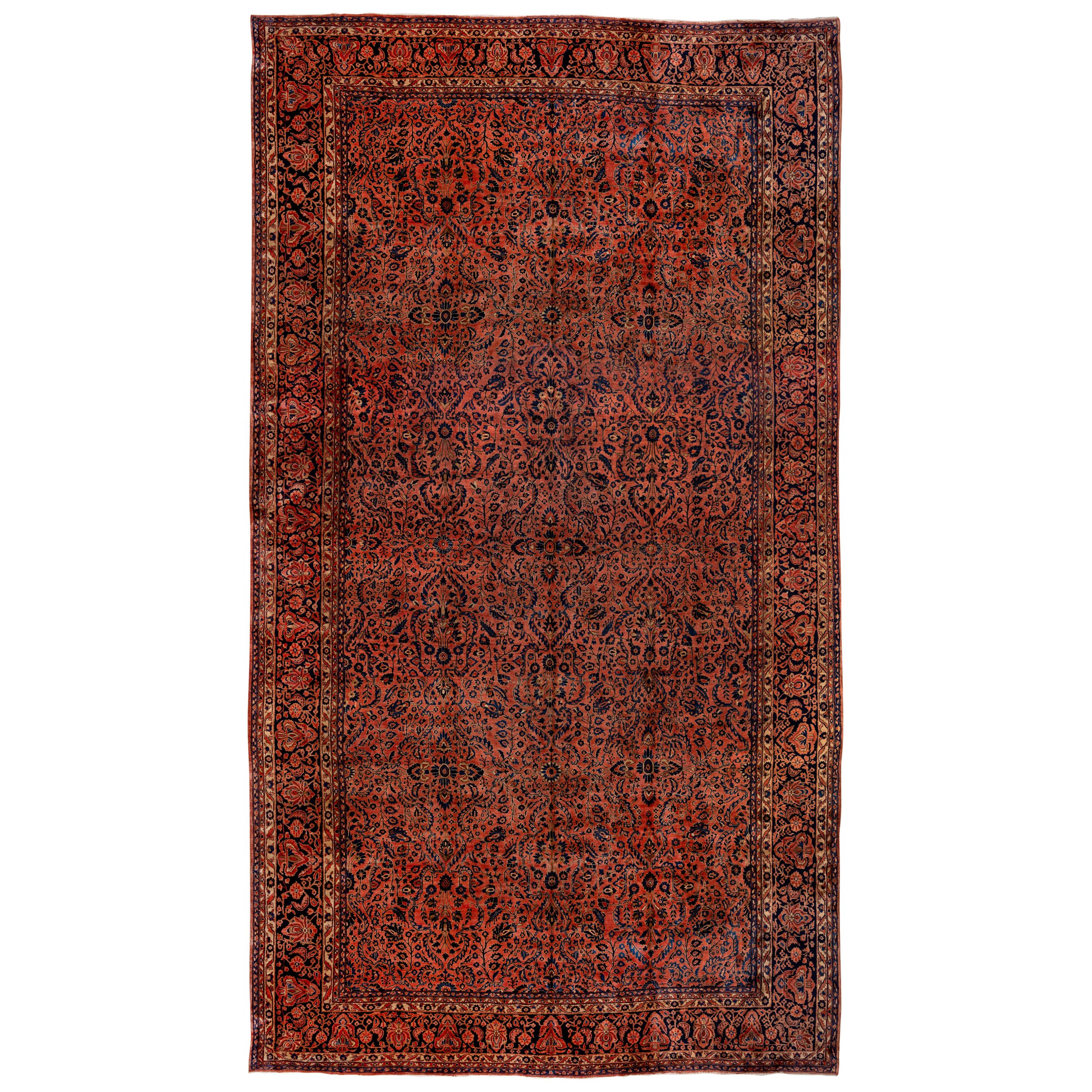 Antique Persian Sarouk Gallery Carpet, Orange Allover Field, Mansion Style For Sale