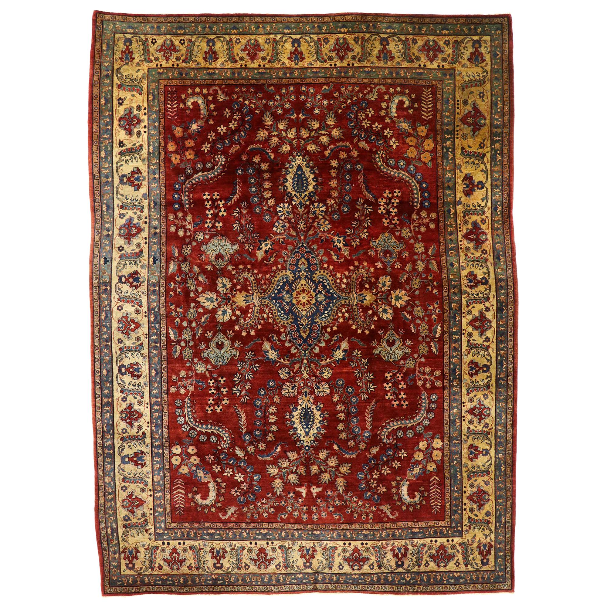 Ancien tapis persan Sarouk Mohajeran de style jacobéen