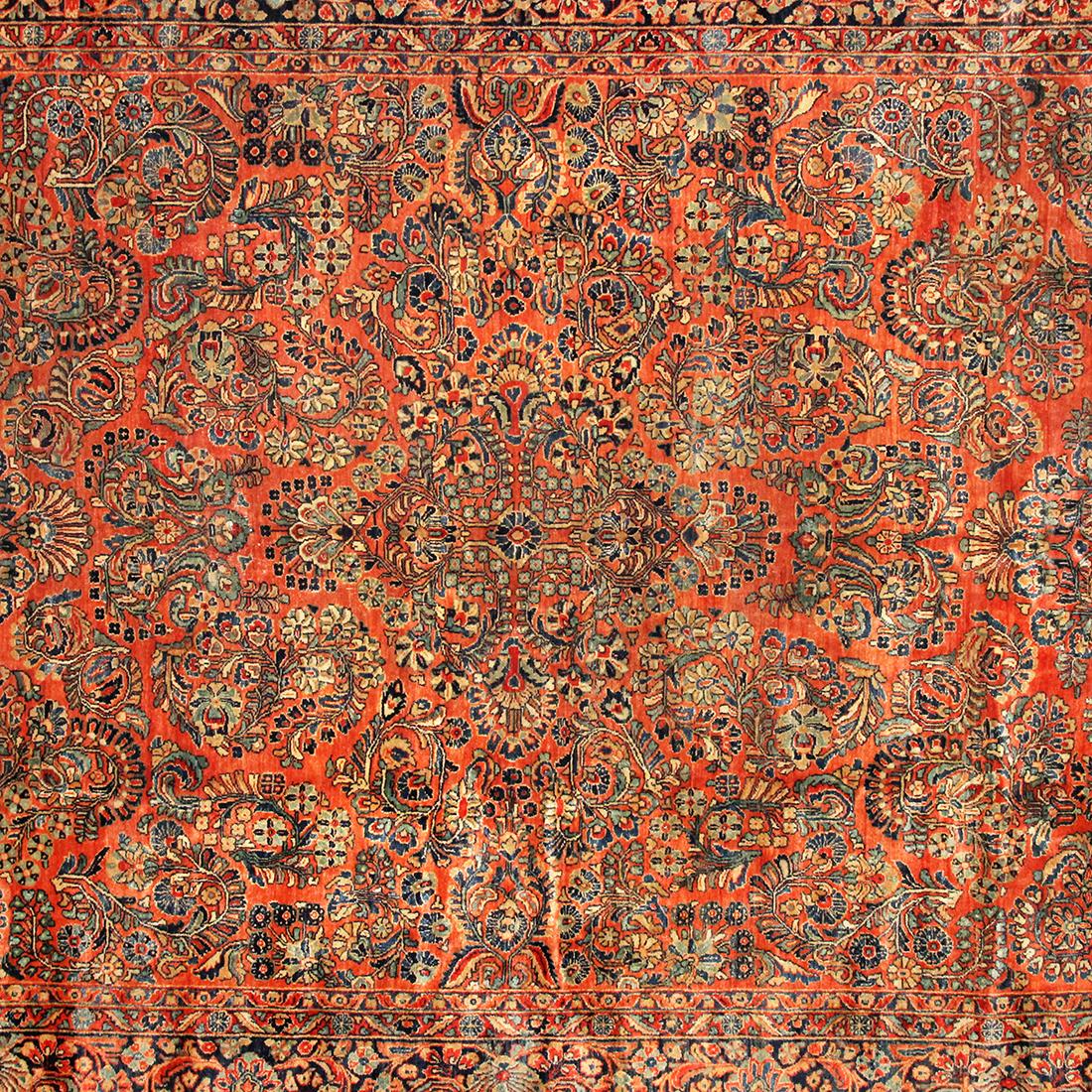 Hand-Knotted Antique Persian Sarouk Oriental Rug, in Room Size, with Coral Tones, circa 1920 For Sale