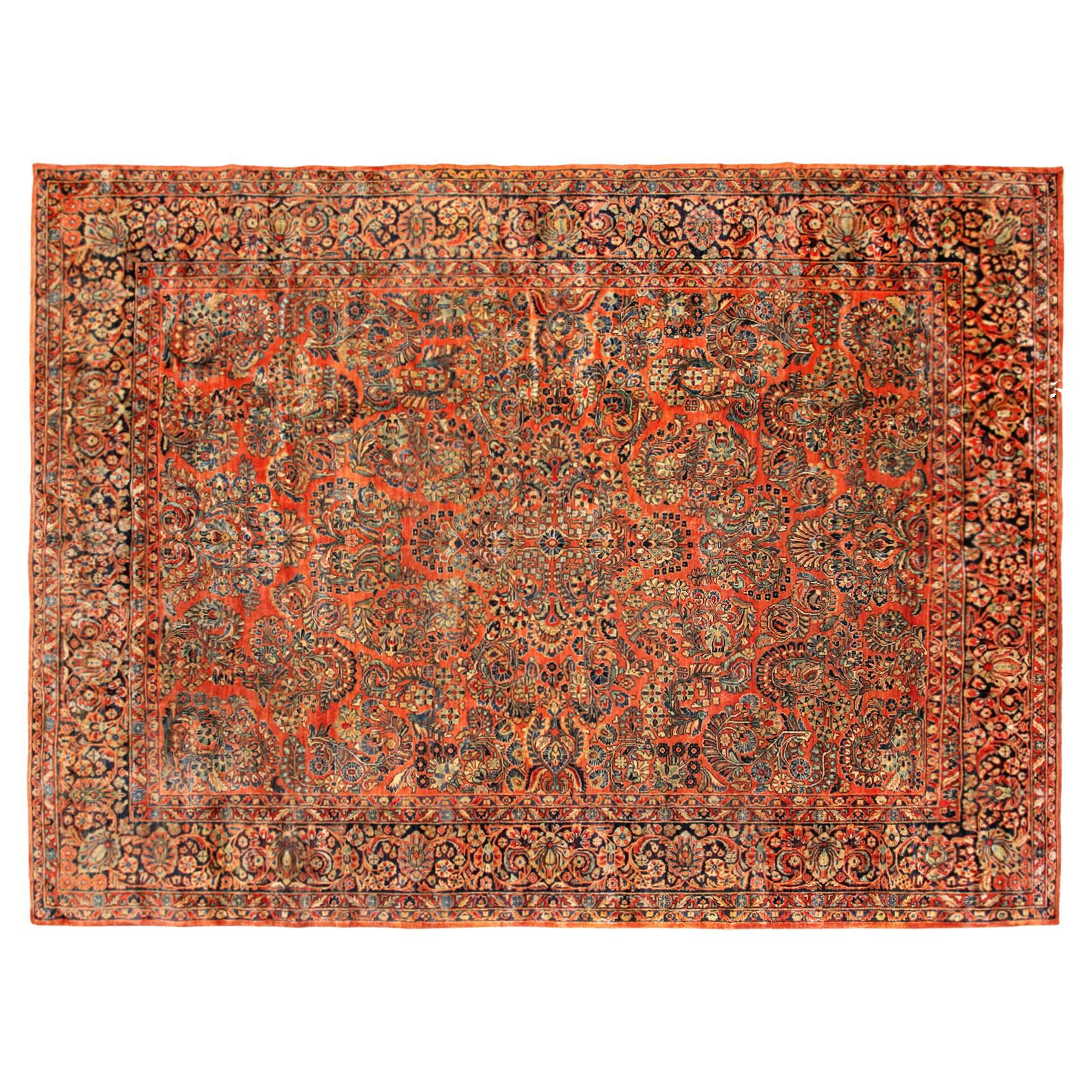 Antique Persian Sarouk Oriental Rug, in Room Size, with Coral Tones, circa 1920 For Sale