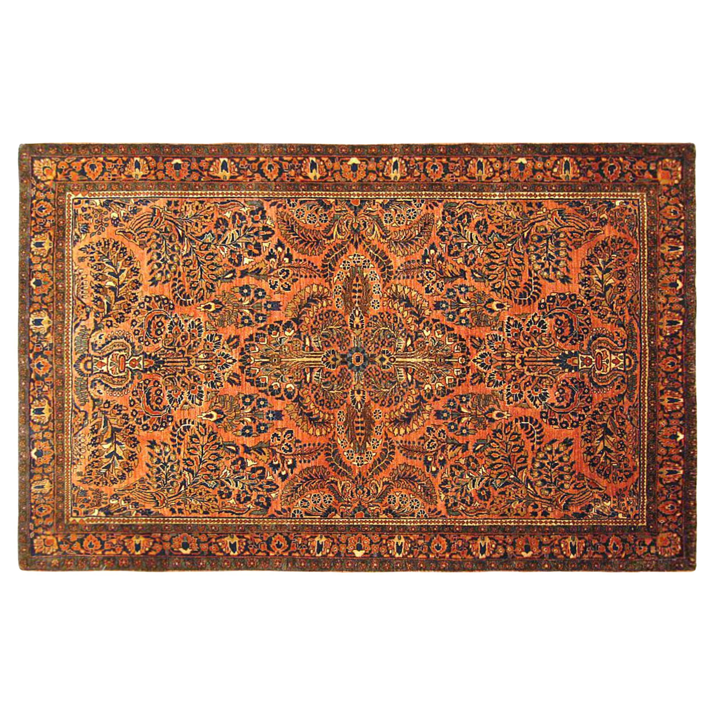 Antigua alfombra oriental persa Sarouk, de tamaño pequeño, con intrincado diseño floral