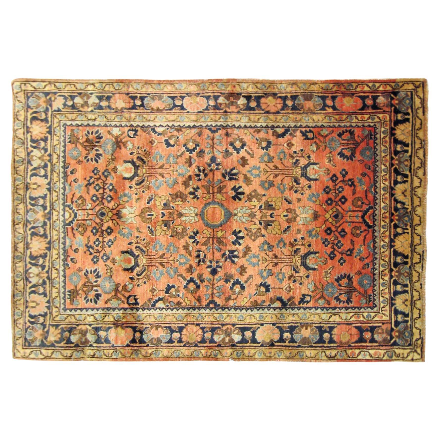 Antigua alfombra oriental persa Sarouk, de tamaño pequeño, con intrincado diseño floral