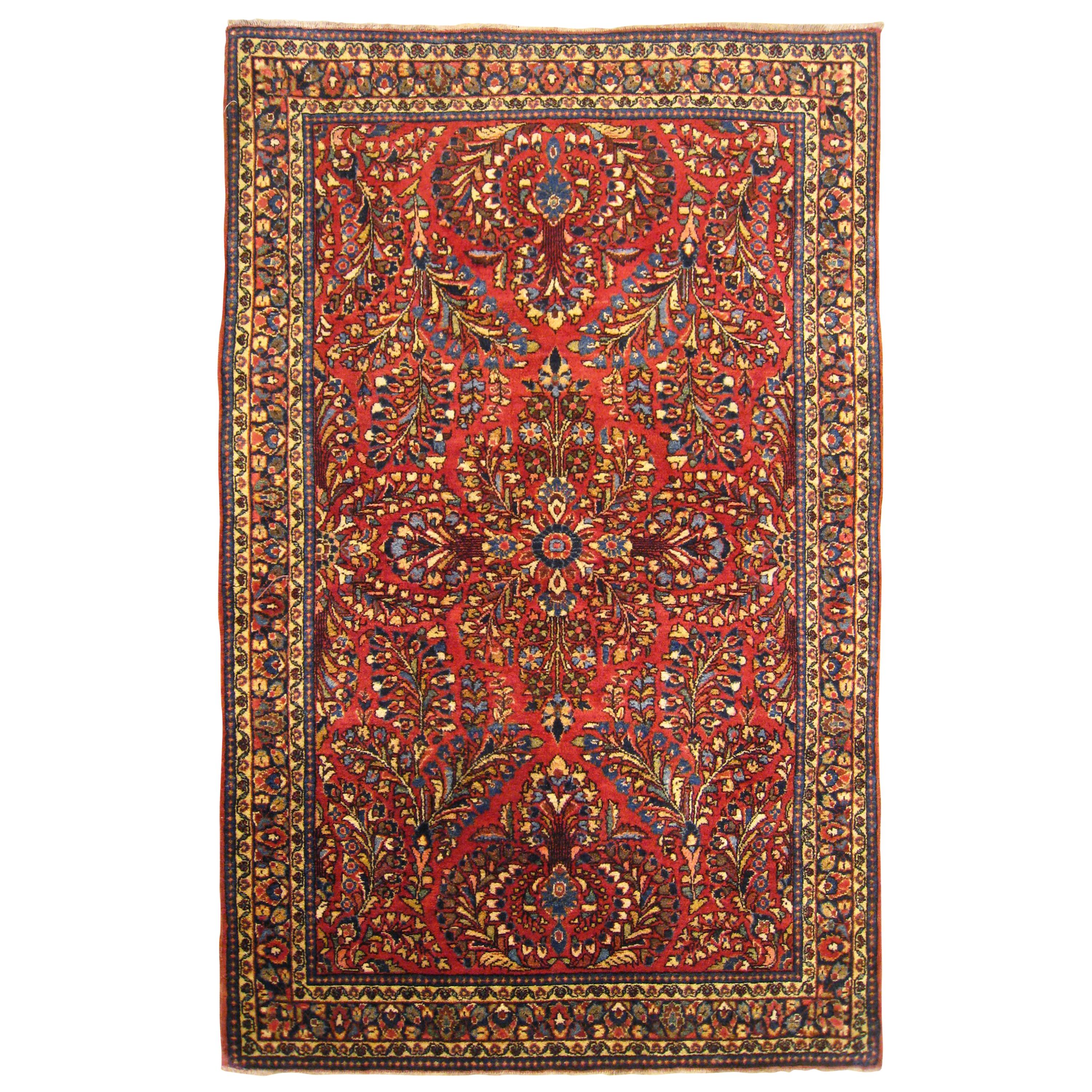 Antique Persian Sarouk Oriental Rug, in Small Size, with Jewel Tones, circa 1920