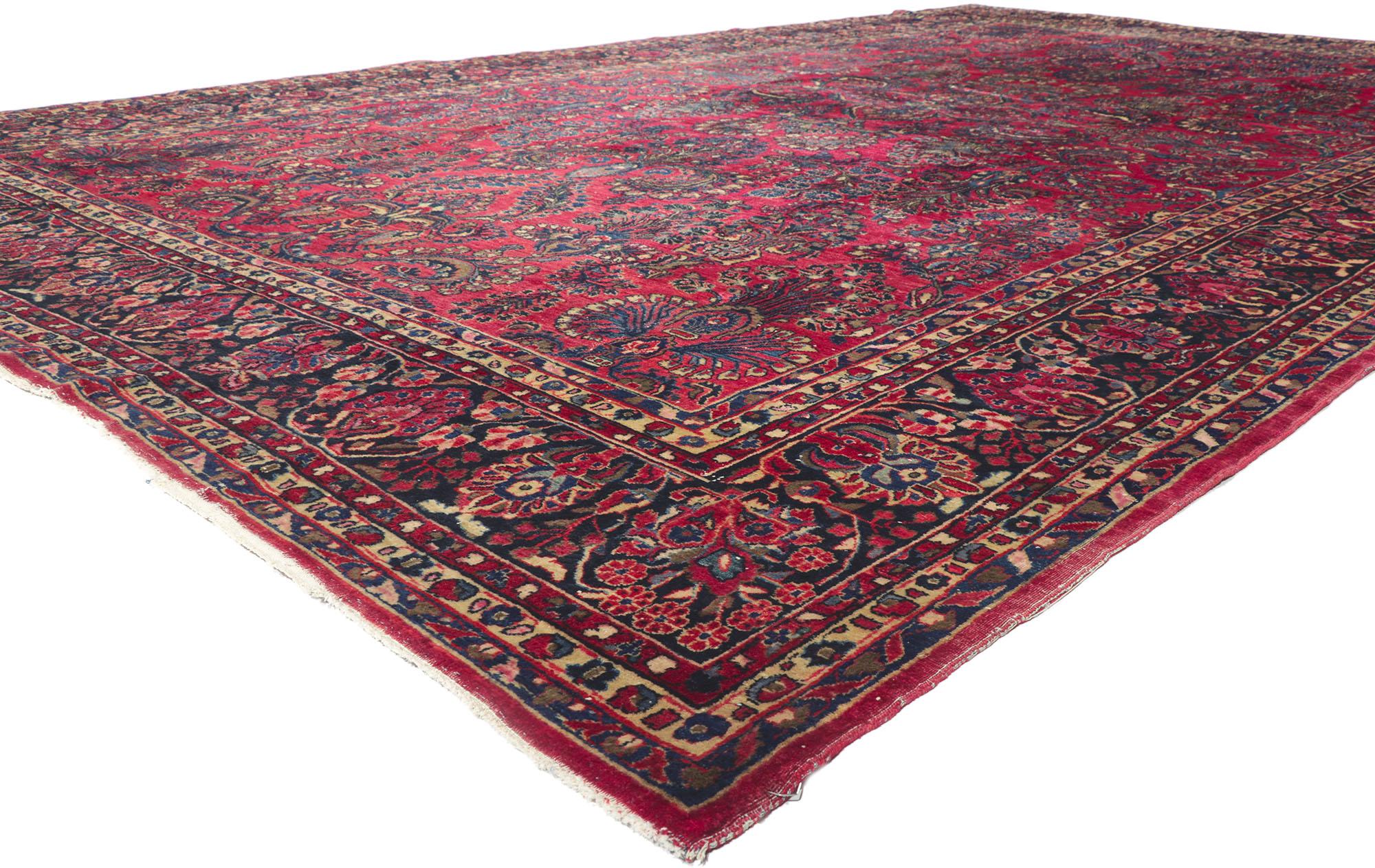 78223 antique Persian Sarouk room size rug 10'01 x 16'08.
Rendered in variegated shades of red, navy blue, brown, royal blue, cerulean, tan, pink, rose, and taupe with other accent colors. Desirable Age Wear. Abrash. Hand-knotted wool. Made in Iran.