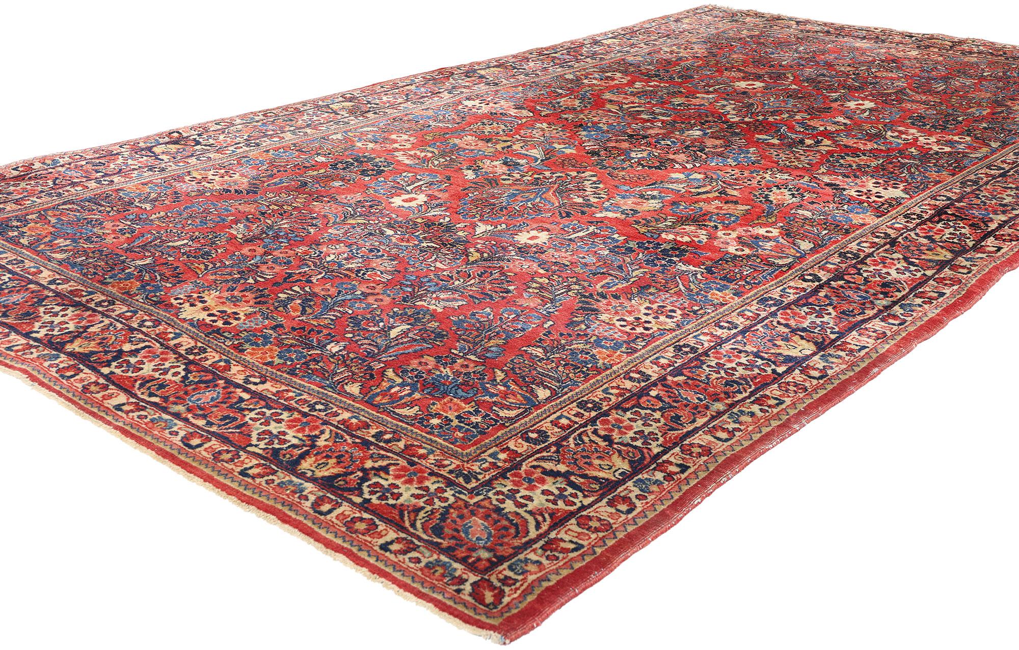 79019 Tapis sarouk persan ancien, 06'02 x 11'07. Ce tapis sarouk persan antique en laine noué à la main est un témoignage époustouflant de la maîtrise artistique et des traditions durables des tisserands persans. Originaire de la région de Sarouk en