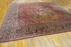 1920s Red Floral Antique Persian Sarouk Carpet 13' 8" x 14' Handknotted Wool Rug