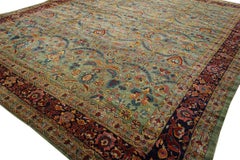 1920s Blue Green Red Persian Sarouk Mohajeran Carpet 14'10" x 17'2" Wool Rug