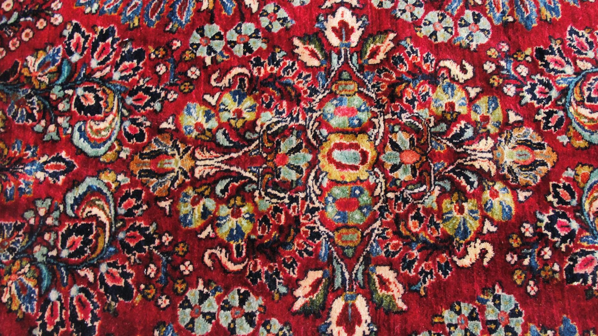 Wool Antique Persian Sarouk Rug, c-1930's, Red and blue, floral design For Sale
