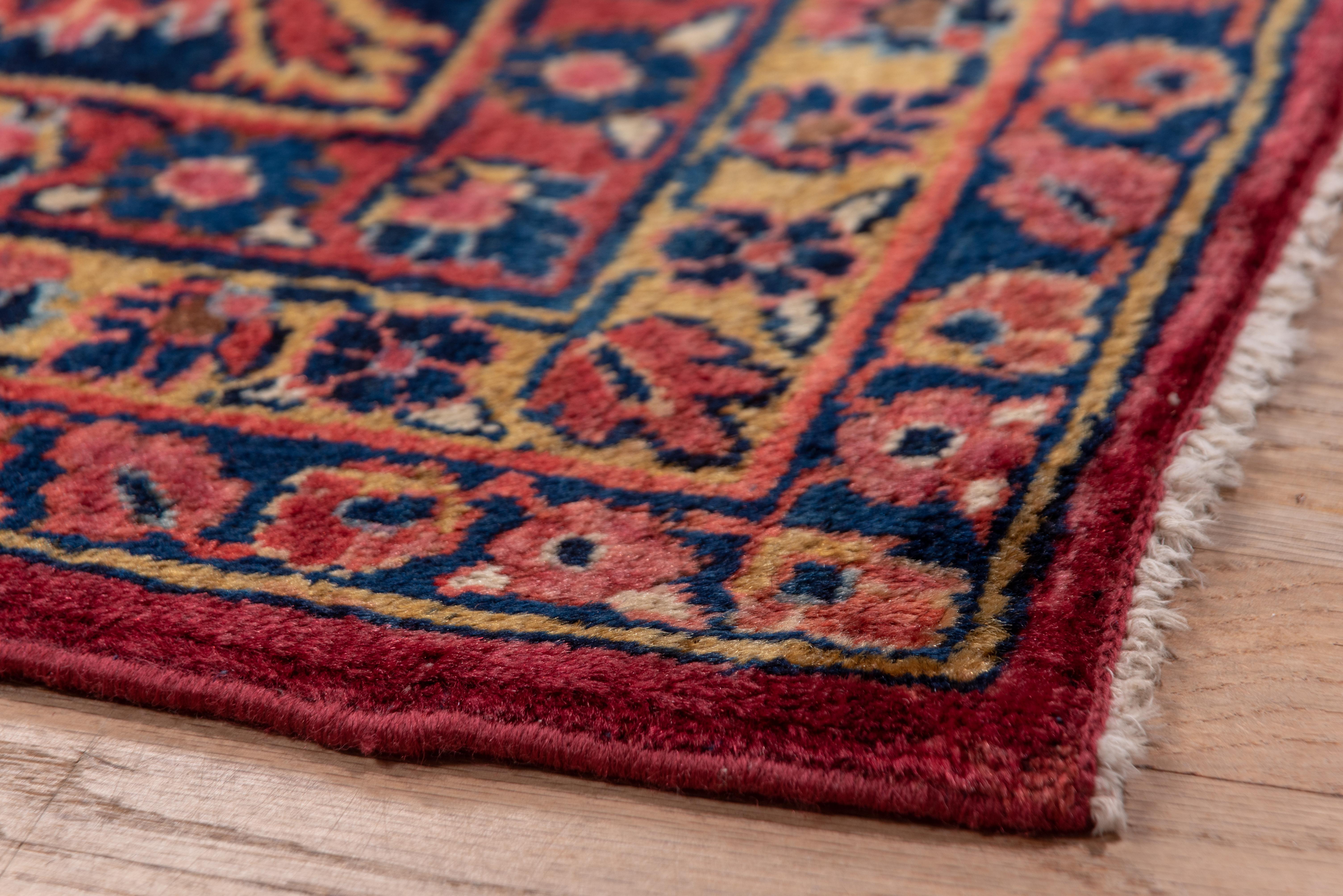 Hand-Knotted Antique Persian Sarouk Rug, Bright Red Field, Gold and Blue Accents, Medium Pile For Sale