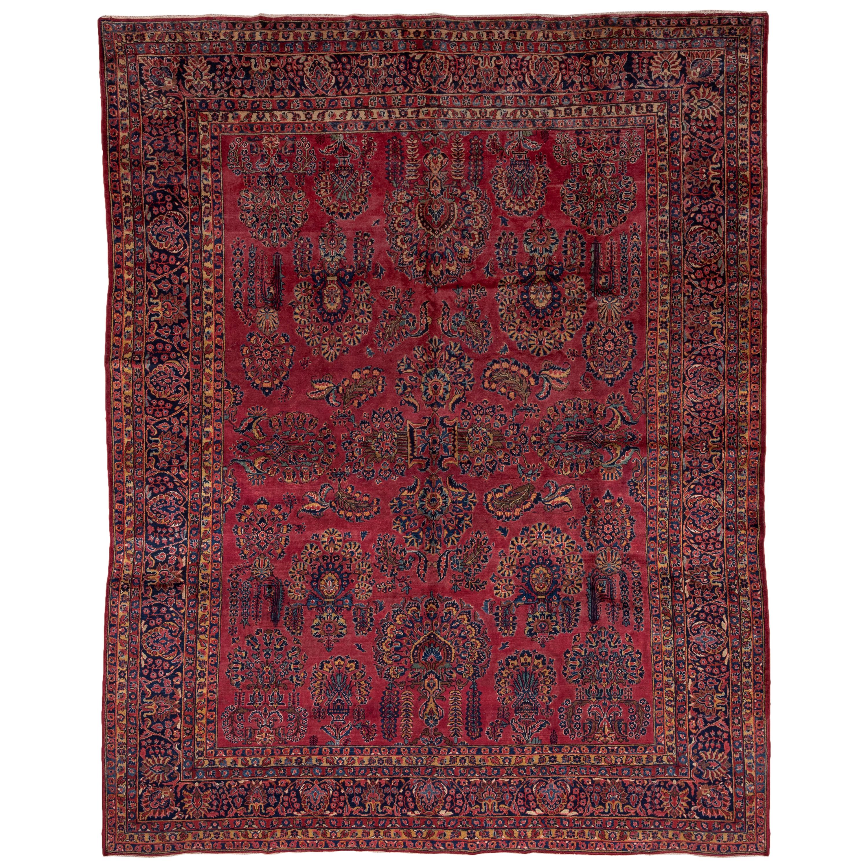 Antique Persian Sarouk Rug, Bright Red Field, Gold and Blue Accents, Medium Pile For Sale