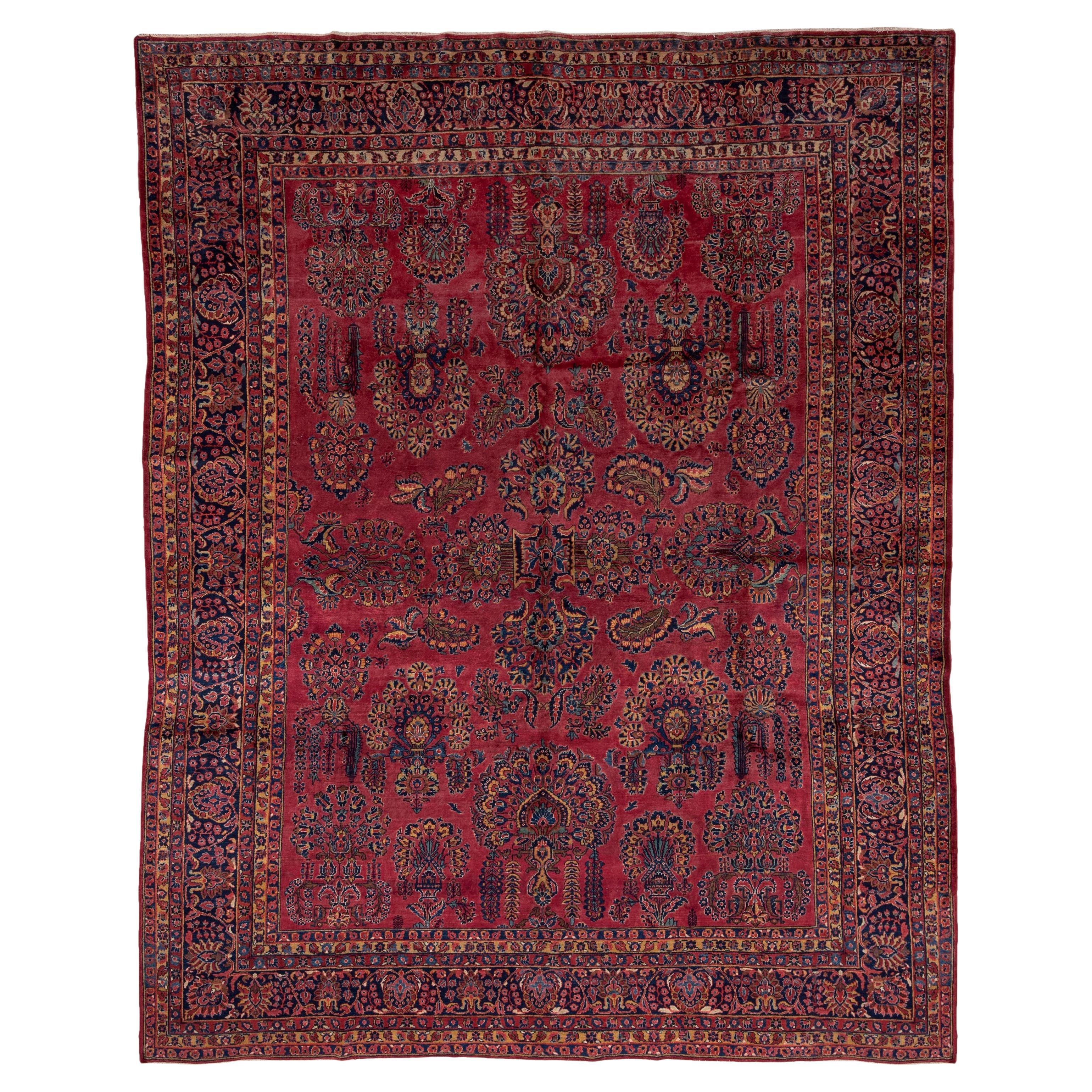 Antique Persian Sarouk Rug, Bright Red Field, Gold and Blue Accents, Medium Pile For Sale