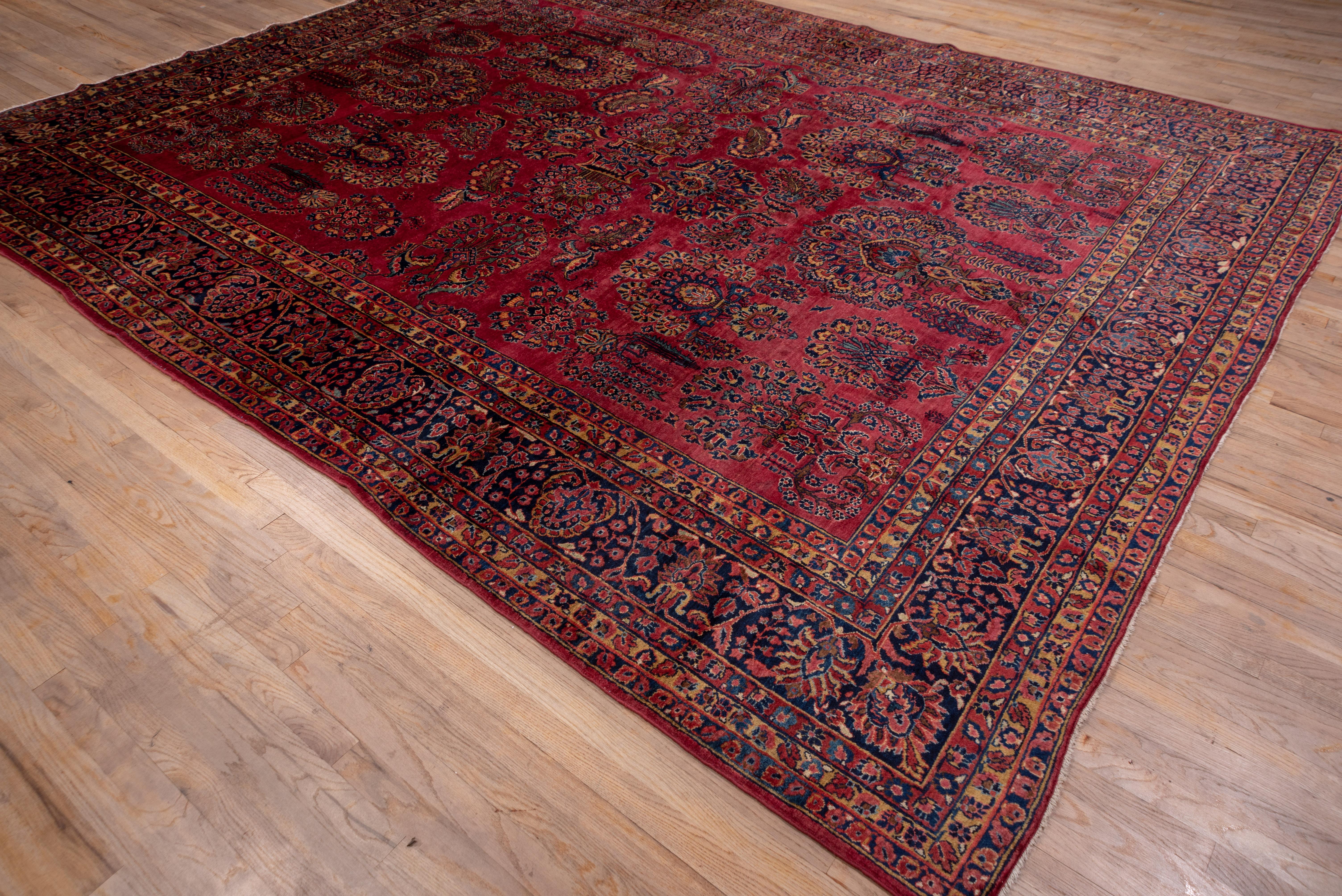 Sarouk Farahan Antique Persian Sarouk Rug, Bright Red Field, Gold and Blue Accents, Medium Pile For Sale