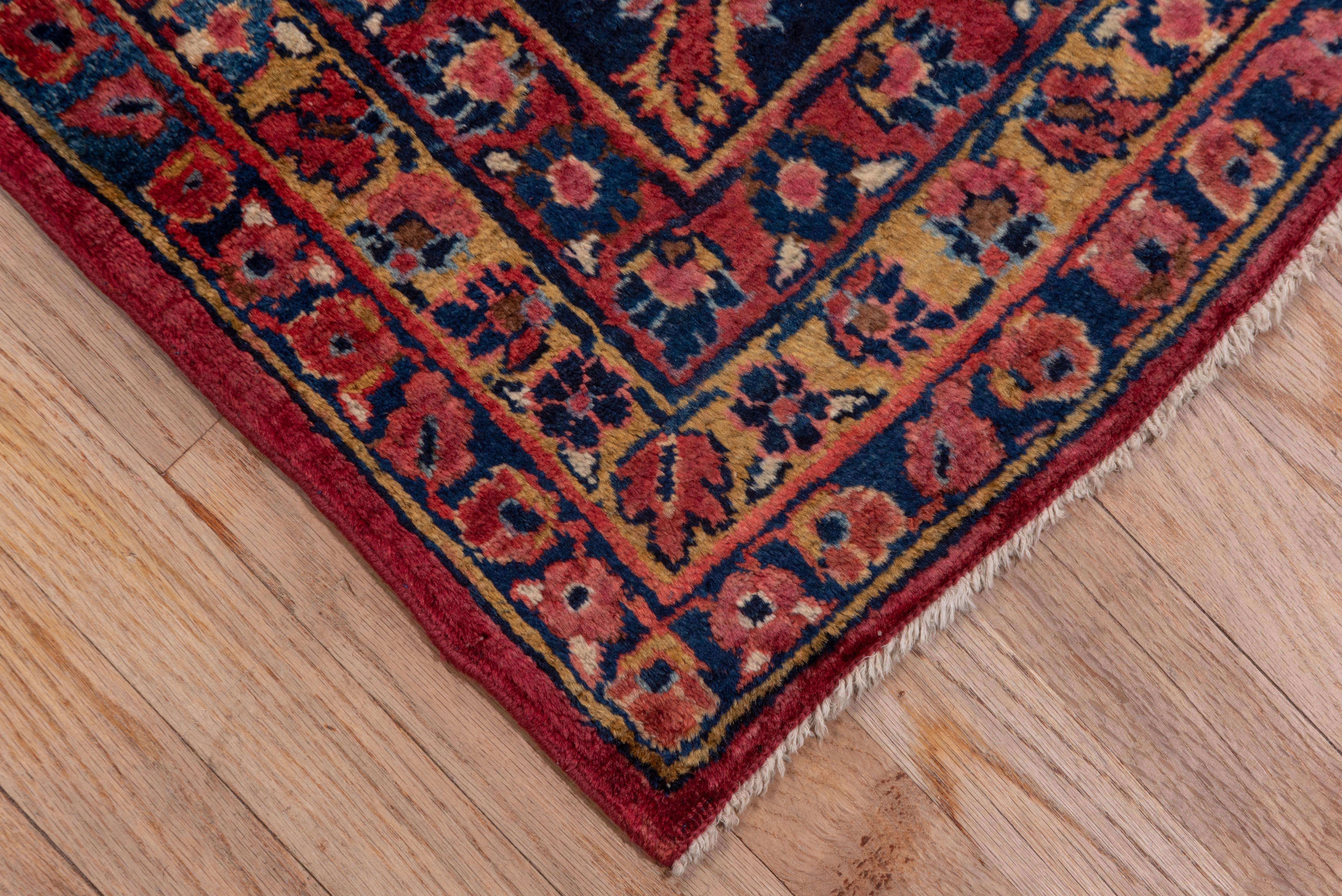 Antique Persian Sarouk Rug, Bright Red Field, Gold and Blue Accents, Medium Pile For Sale 1