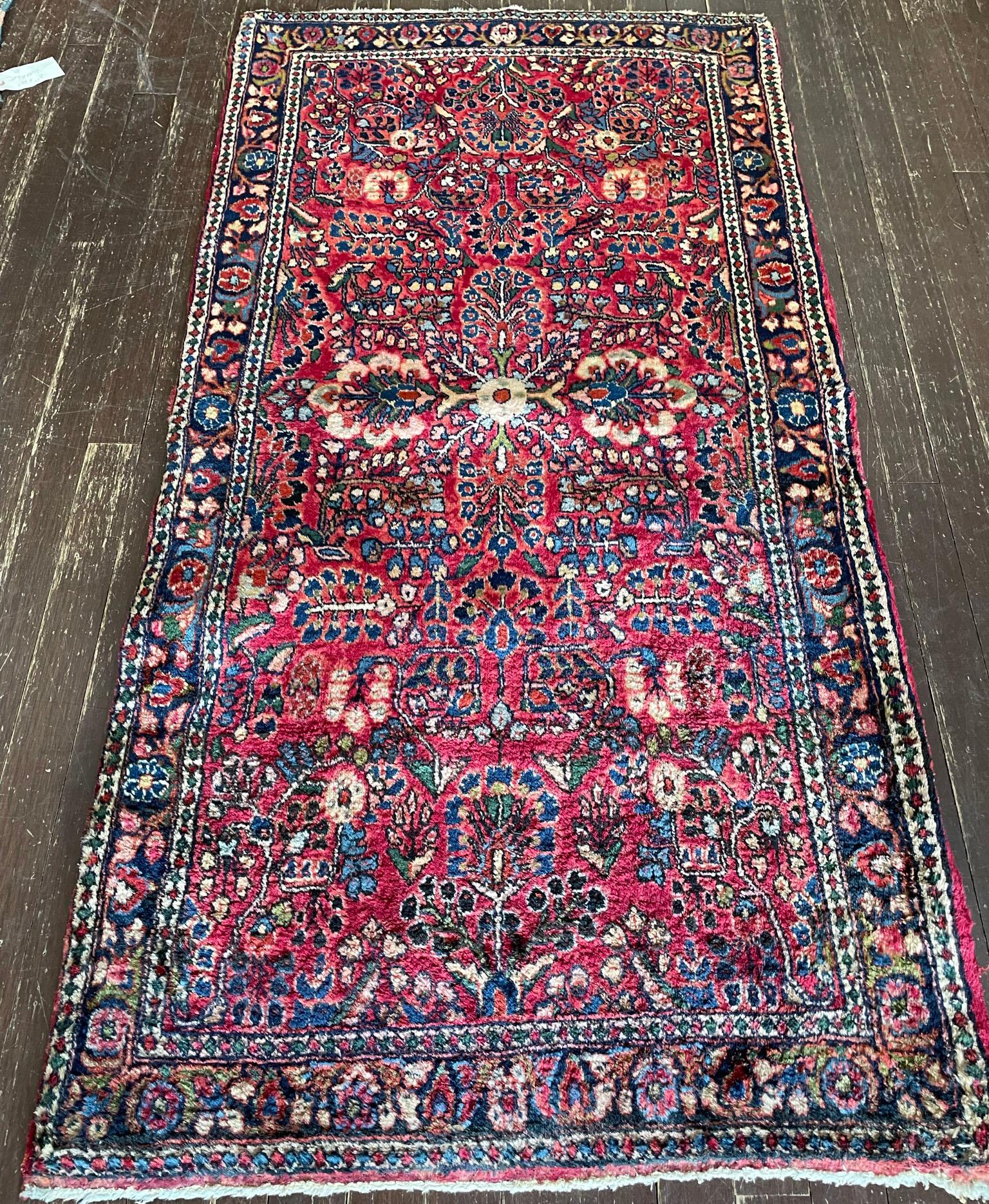 Hand-Knotted Antique Persian Sarouk Rug, c-1920, 2'6