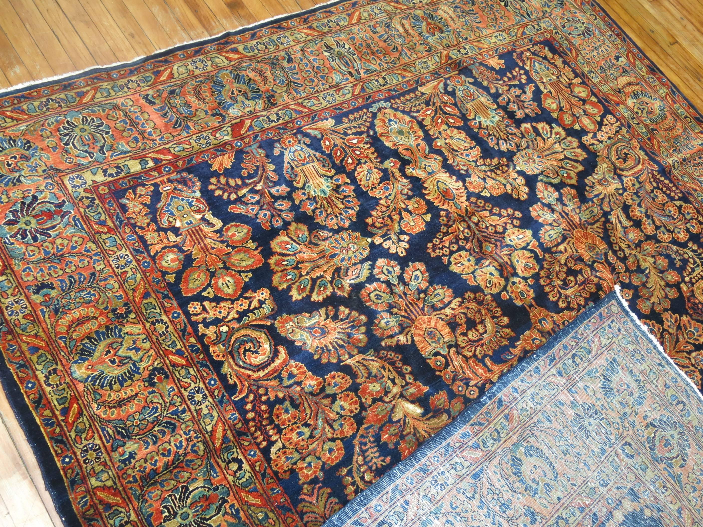 Rare Navy Blue Field Antique Persian Fine Sarouk Oriental Rug For Sale 3