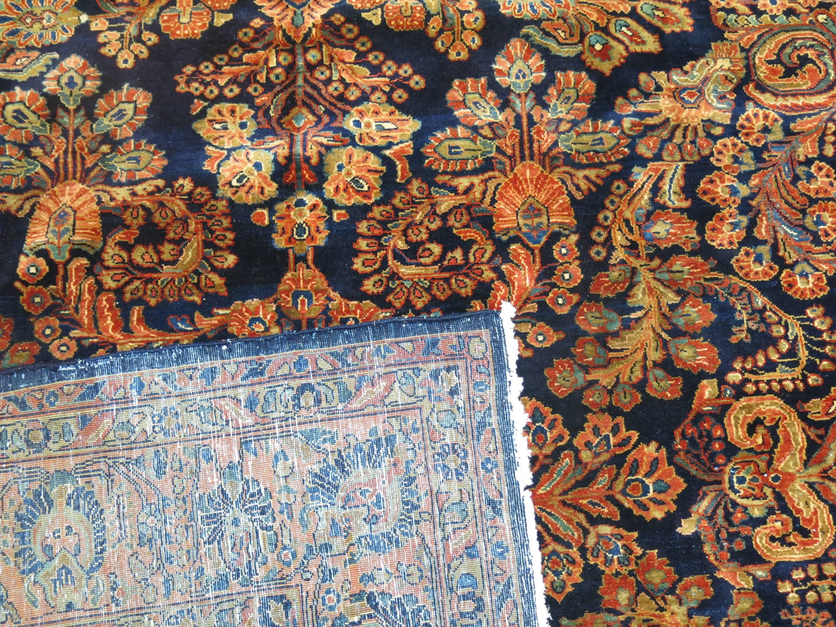 Rare Navy Blue Field Antique Persian Fine Sarouk Oriental Rug For Sale 5