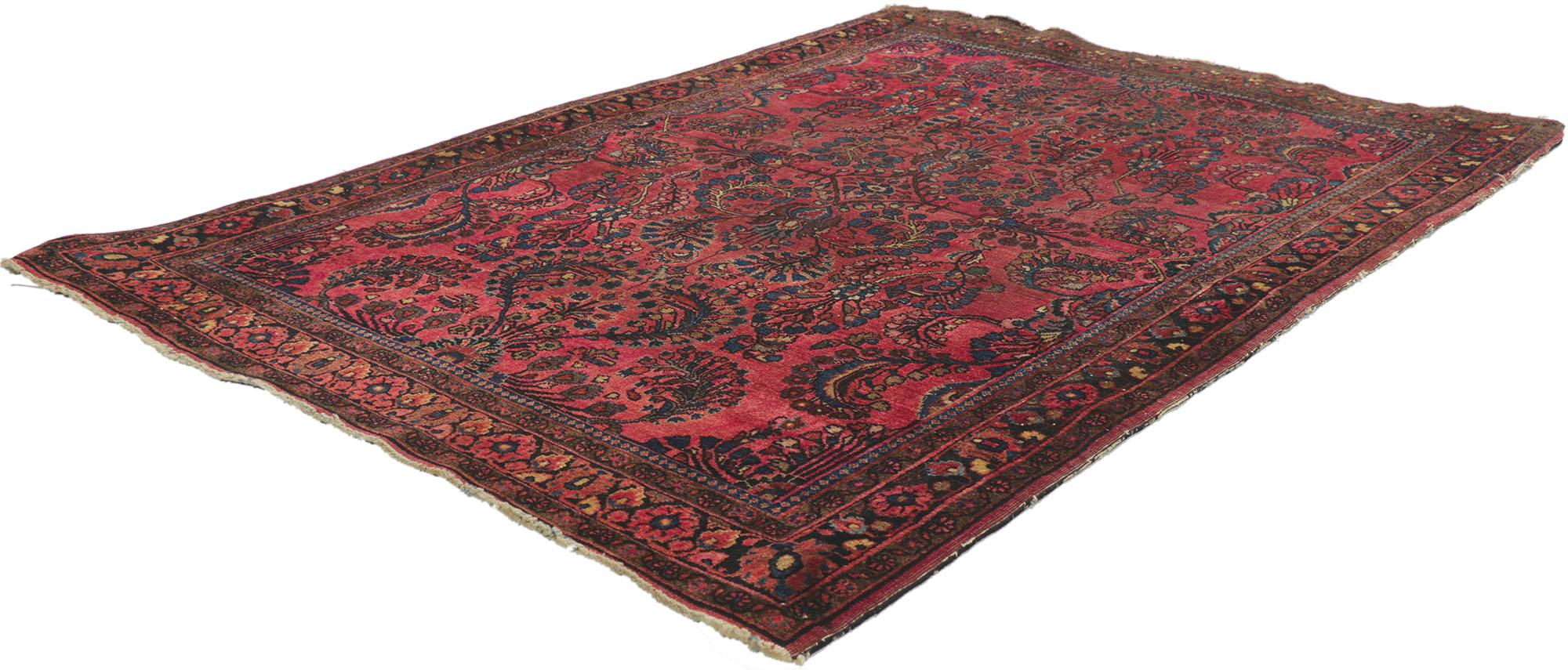 78238 Antique Persian Sarouk Rug, 03'05 x 04'09. 
Rendered in variegated shades of red, navy blue, berry, cerulean, brown, tan, and rose with other accent colors. Desirable Age Wear. Abrash. Hand-knotted wool. Made in Iran.
