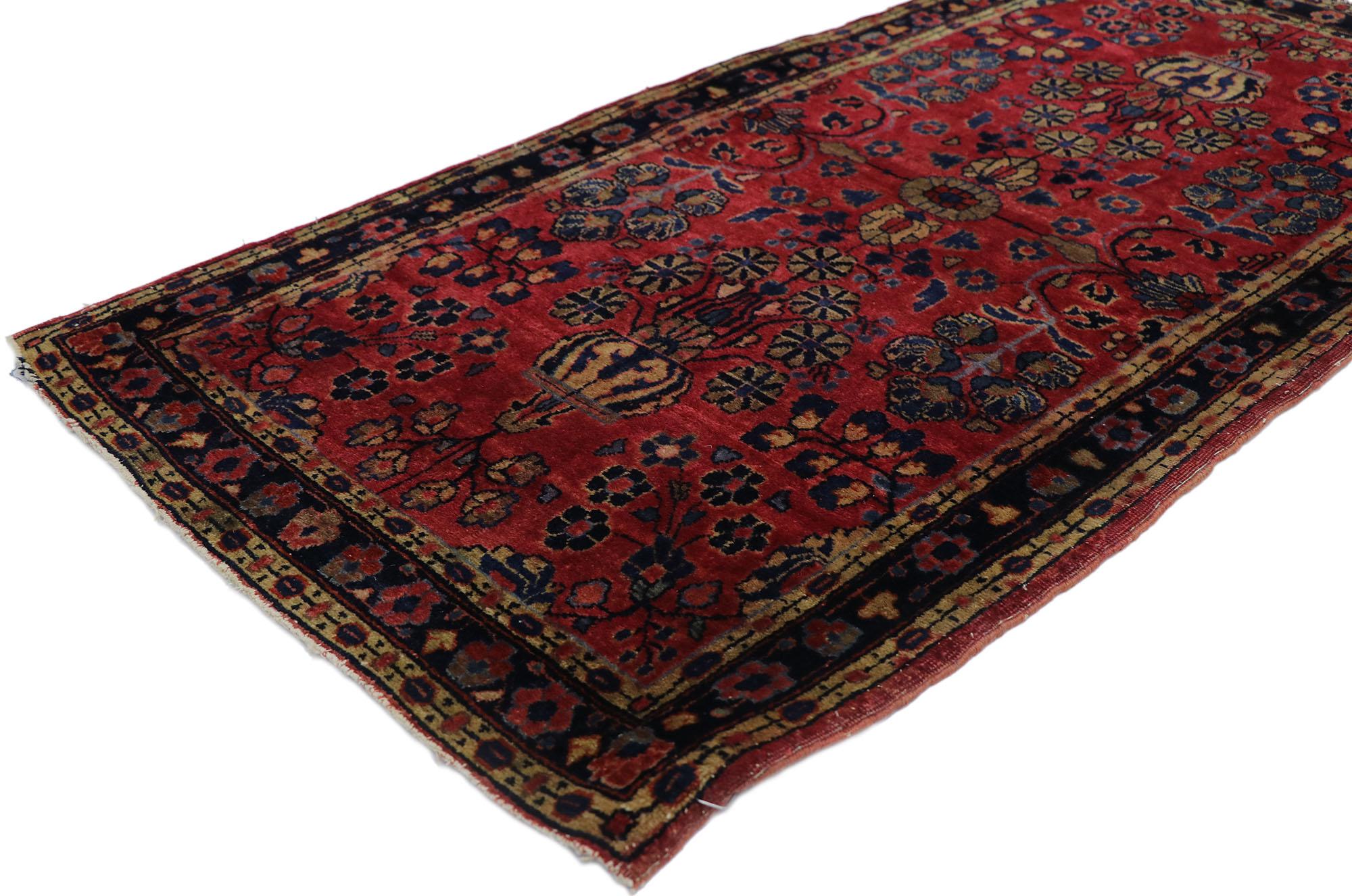78122 Antique Persian Sarouk rug, 02'01 x 04'02. ?Emating traditional style with incredible detail and texture, this hand knotted antique Persian Sarouk rug is a captivating vision of woven beauty. The timeless vase design and rich color palette