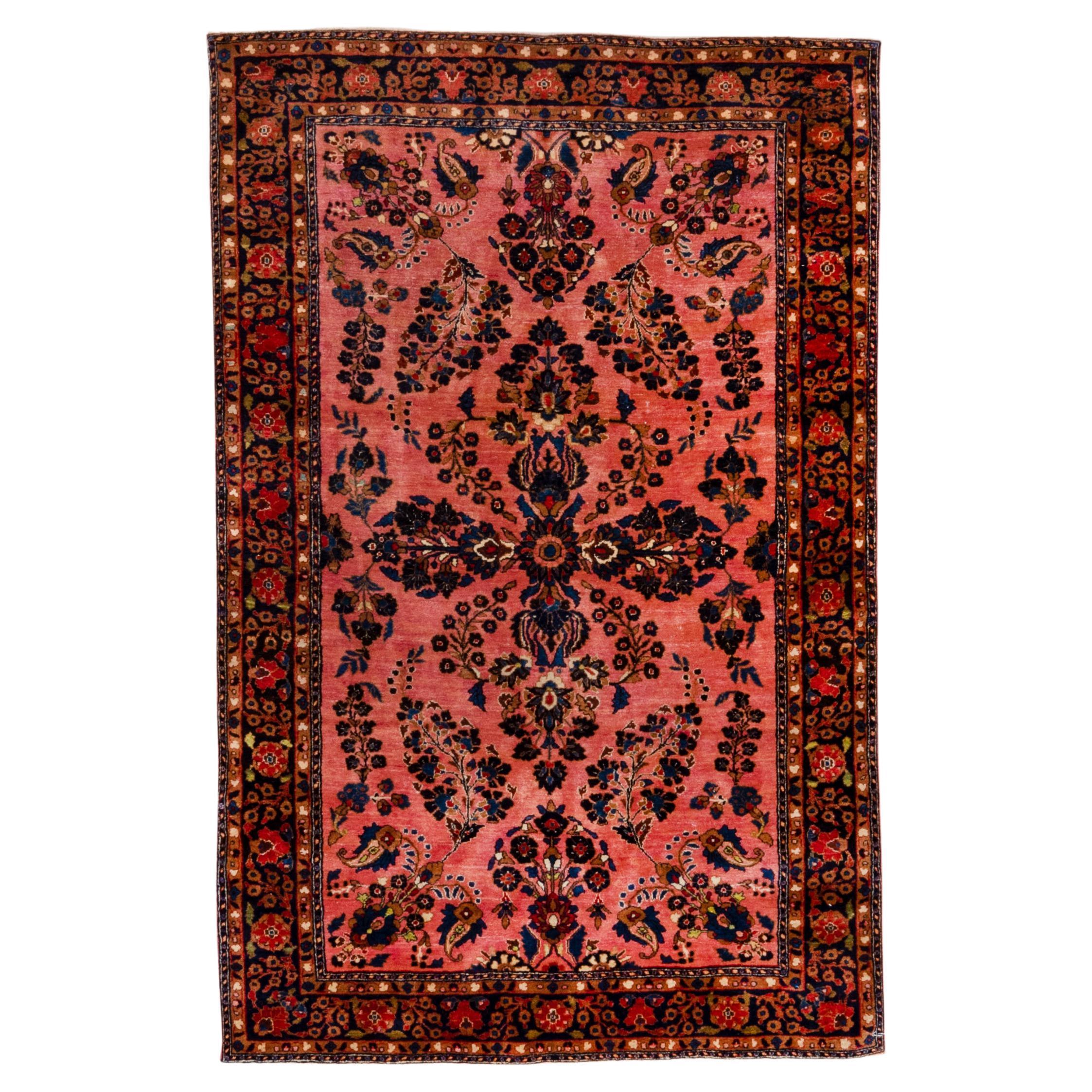 Antique Persian Sarouk Rug, Hot Pink Field, Navy Borders, circa 9s0 For Sale