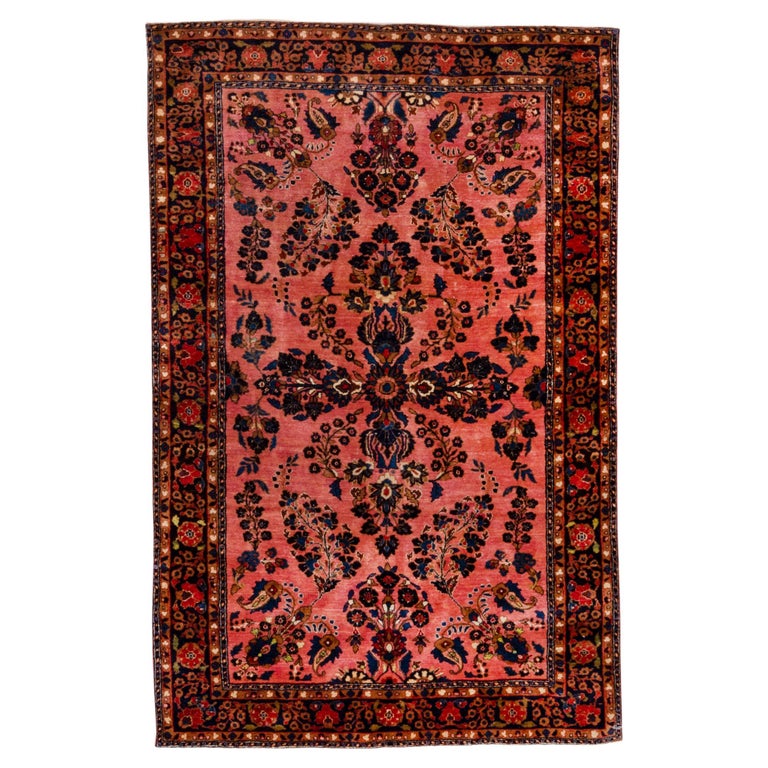 Antique Persian Sarouk Rug, Hot Pink Field, Navy Borders, circa 9s0 For