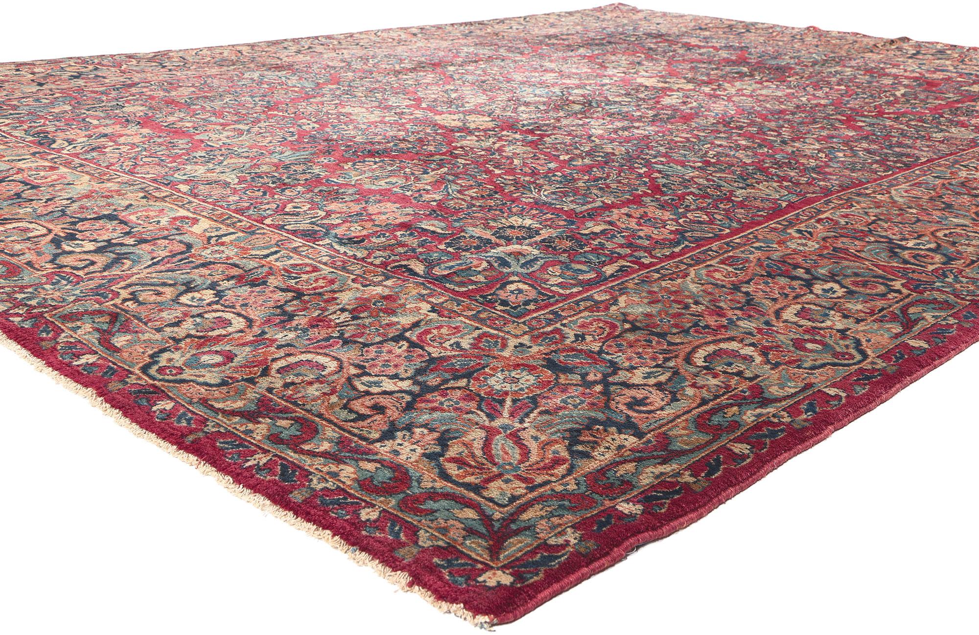 73369 Antique Persian Sarouk Rug, 08'10 X 11'10. Immerse yourself in the allure of an era gone by with this hand knotted wool antique Persian Sarouk rug, showcasing an Art Nouveau influence that adds a unique touch to its timeless appeal. This