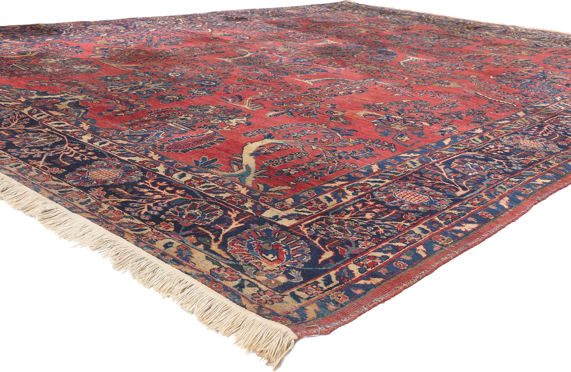 78544 Antique Persian Sarouk Rug, 08'11 x 11'06.
Emulate traditional sensibility with regal charm, this hand knotted antique Persian Sarouk rug is a captivating vision of woven beauty. The intricate floral design and rich color palette woven into