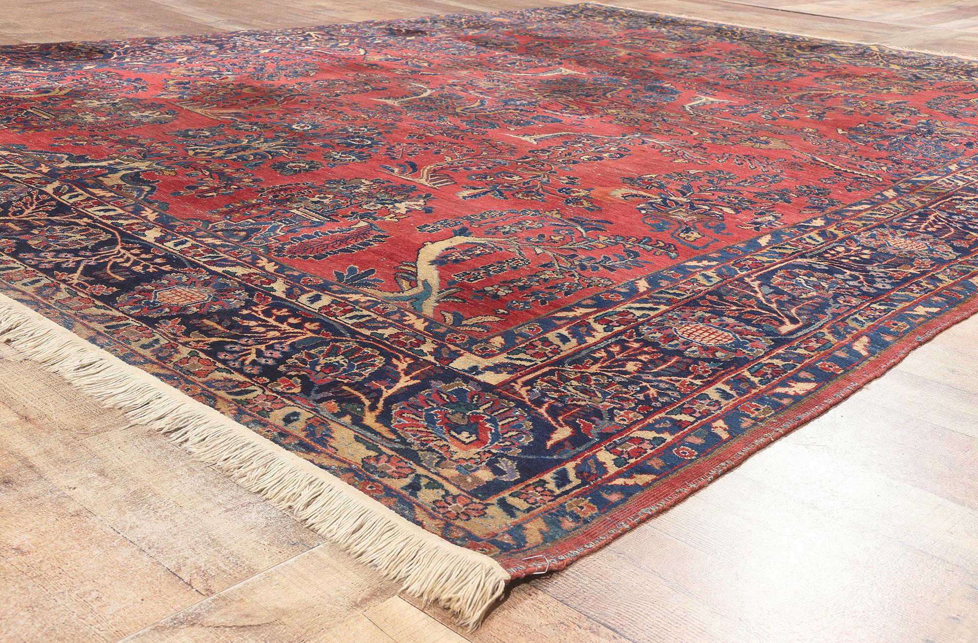 Wool Antique Persian Sarouk Rug, Traditional Sensibility Meets Stately Decadence For Sale